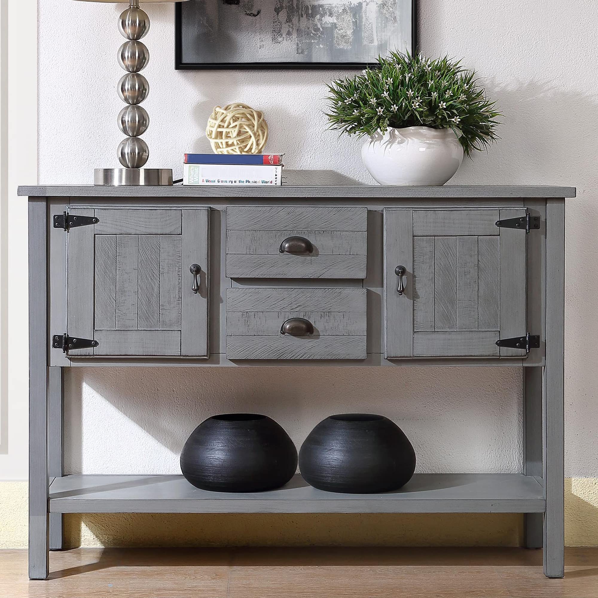 P PURLOVE Buffet Table Sofa Table Console Table with Storage Drawers & Bottom Shelf - Entryway Furniture, Living Room Sideboard, Dining Room Storage Cabinet (Antique Gray) - Perfect for Small Spaces, Hallway Decor & Home Organization