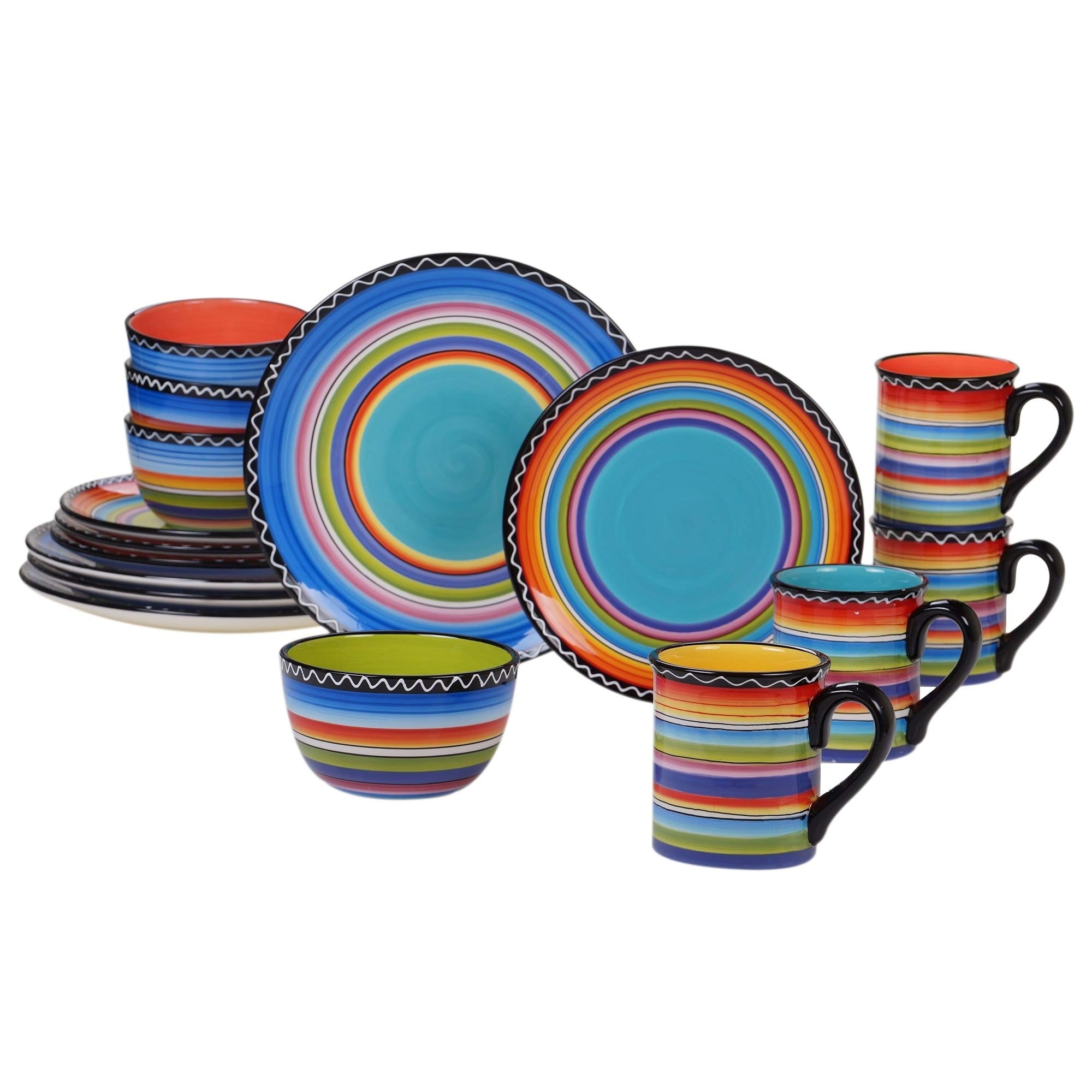 16-Piece Tequila Sunrise Dinnerware Set - Black, Blue & Orange Banded Bohemian Modern Design - Dishwasher & Microwave Safe - Perfect for Parties, Restaurants & Everyday Dining