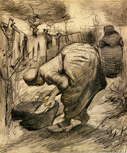 Vincent Van Gogh Woman by The Wash Tub in The Garden - 16x20 Inch Premium Canvas Art Print for Living Room, Bedroom & Office Wall Decor
