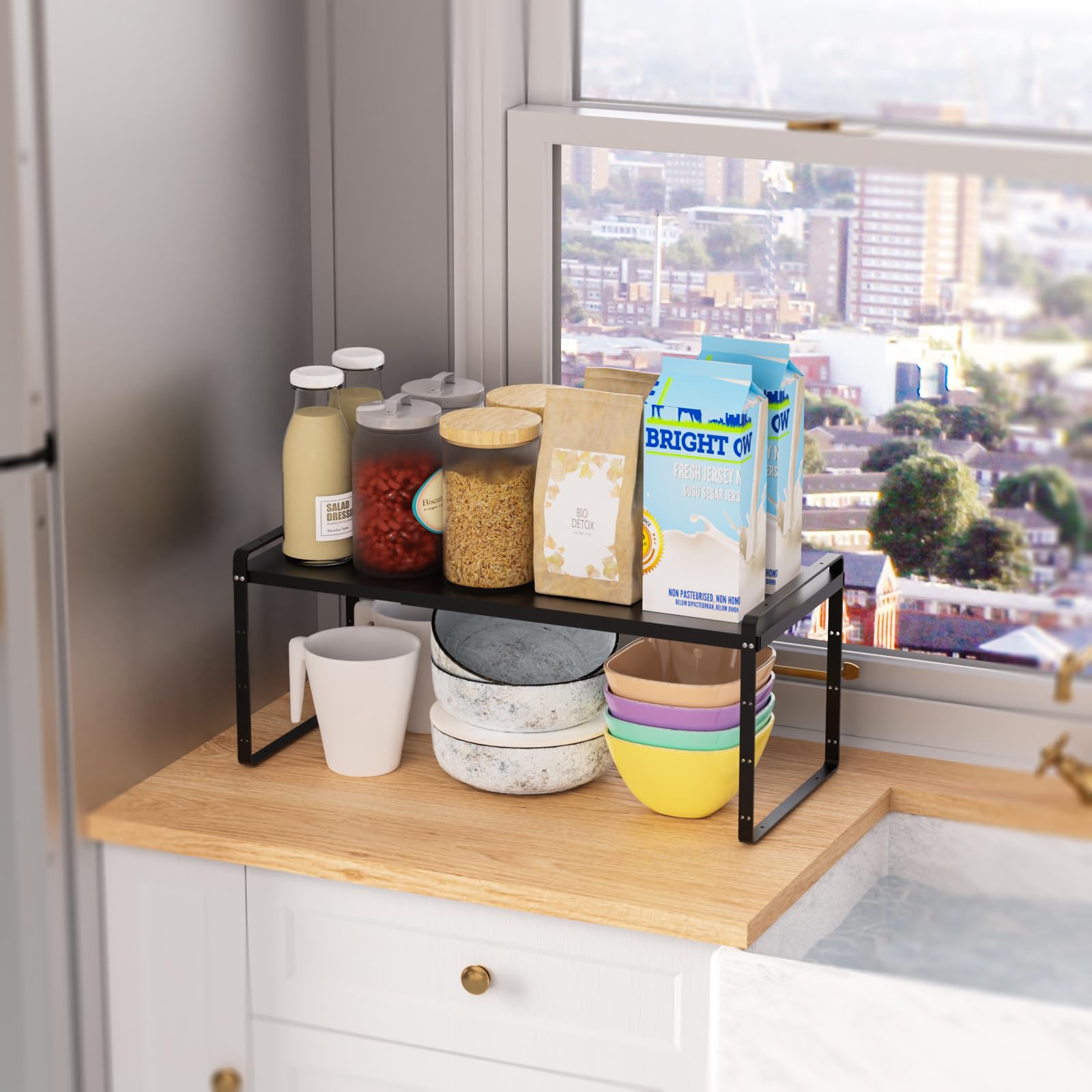 SANNO Expandable Kitchen Shelf Organizer - Stackable Counter & Cupboard Organizer Rack (3 Pack, Black) - Perfect for Pantry, Spice Storage & Small Appliance Organization