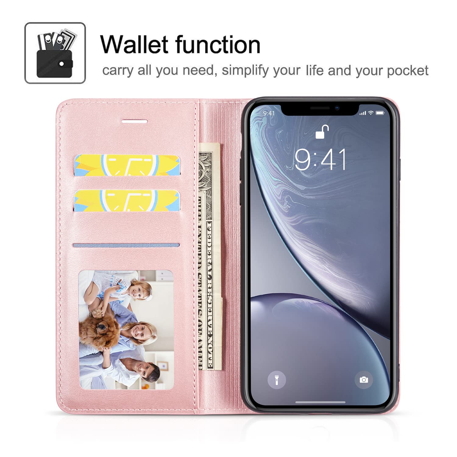 Premium PU Leather iPhone XR Case (6.1 inch) with Card Holder, Kickstand & Magnetic Closure - Shockproof Flip Folio Wallet Cover for Women & Men - Perfect for Work, Travel & Daily Use - Rose Gold