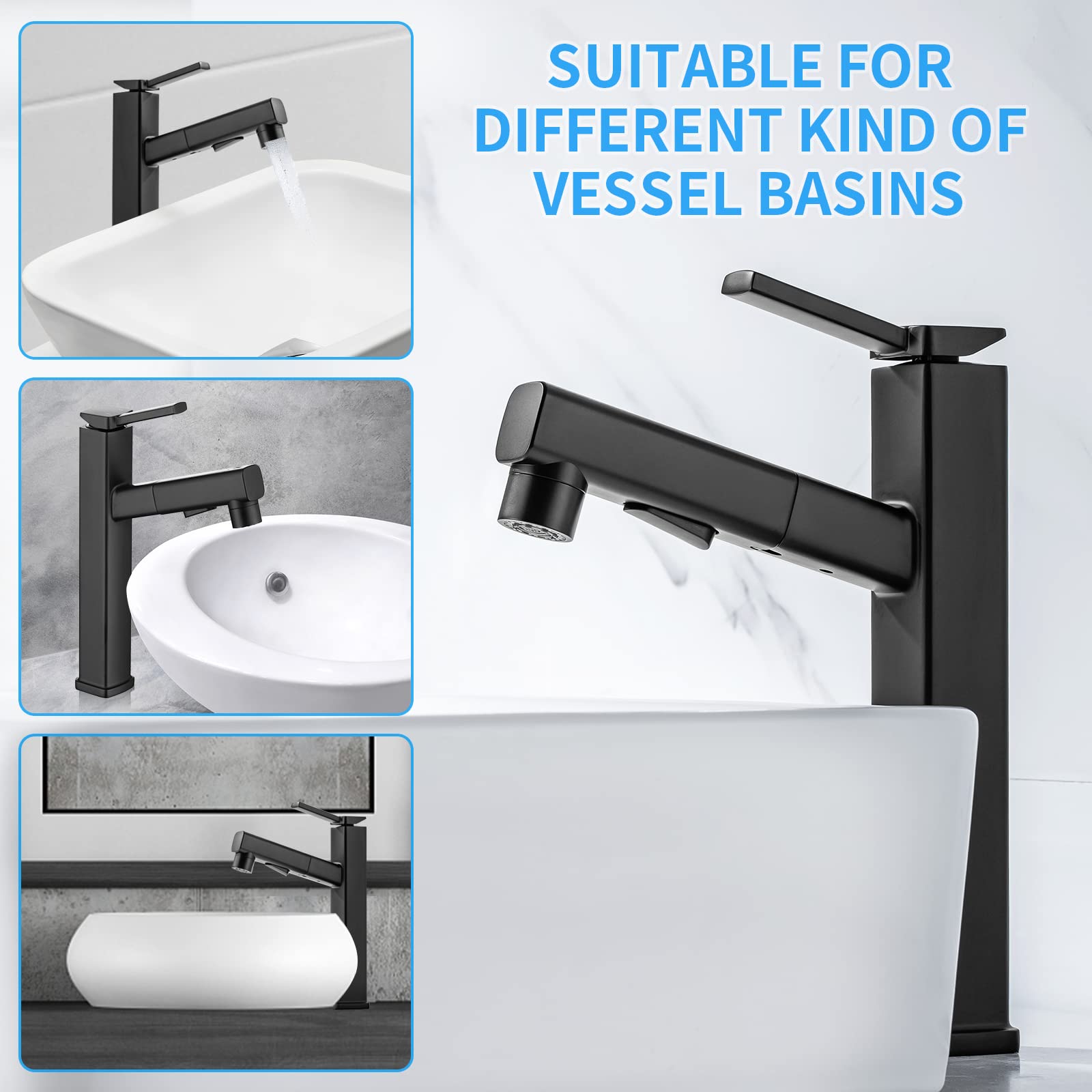 HANLIAN Single Handle Pull-Out Bathroom Vessel Sink Faucet with Rotating Spout - Modern Single Hole Tall Bathroom Faucet with Pull Down Sprayer - One Hole High Bathroom Sink Faucet in Black - 3 Spray Modes - Perfect for Modern Vanities, Powder Rooms & Guest Bathrooms