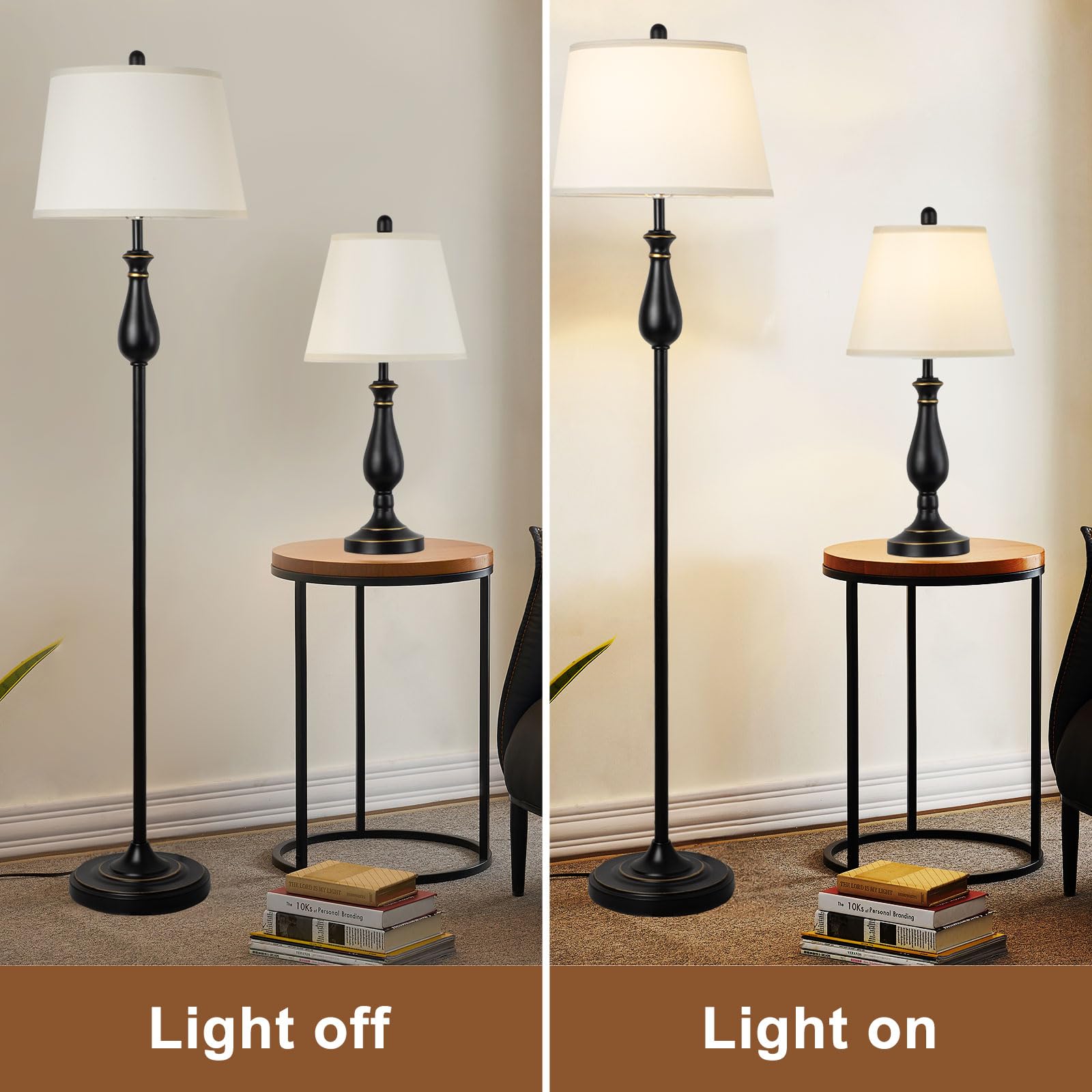 Depuley 3-Piece Table and Floor Lamp Set with White Linen Lampshade - Modern Farmhouse Lighting for Living Room, Bedroom & Nightstand - Black Finish - Perfect for Cozy Reading Nooks and Ambient Lighting