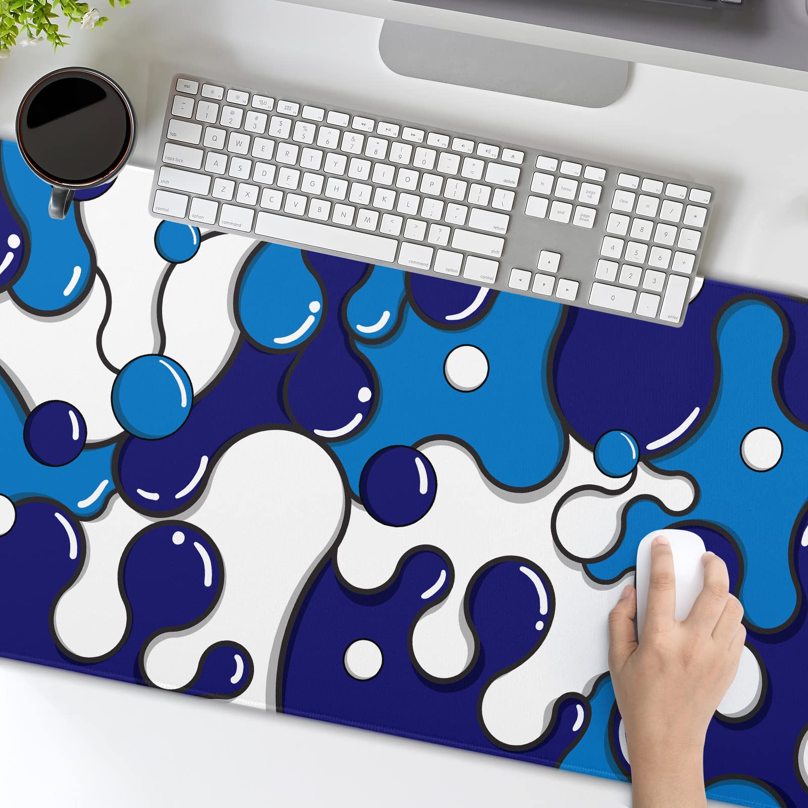 Anime Geometric Japanese Extended Gaming Mouse Pad - Navy Blue & White XXL Non-Slip Rubber Base (90x40cm/35.4x15.7in) with Stitched Edge - Perfect for Gaming, Laptop & Computer Desktop Workspace