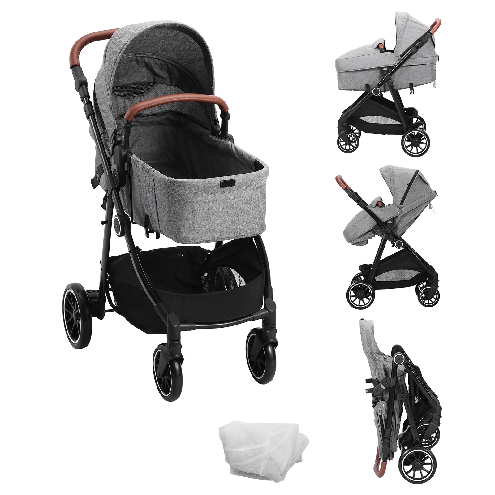 VEVOR 3-in-1 Baby Stroller with Bassinet | Adjustable Reversible Seat & Foldable Design | Carbon Steel Frame with Leg Cover & Mesh Net | Perfect for Newborns to Toddlers | Ideal for Shopping, Travel & Daily Walks (Dark Grey)