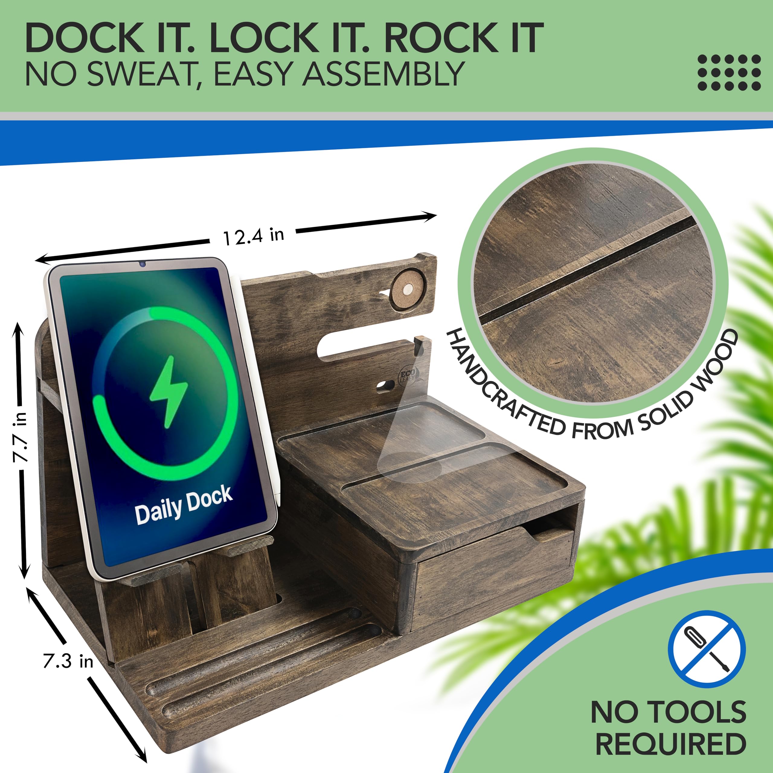 Rustic Nightstand Organizer for Men - Bedside Docking Station with Phone, Watch, Wallet & Sunglasses Holder - Unique Gift for Dad, Husband & Son - Desk Accessory Organizer (Rustic Gray) - Perfect for Bedroom, Office & Travel Use