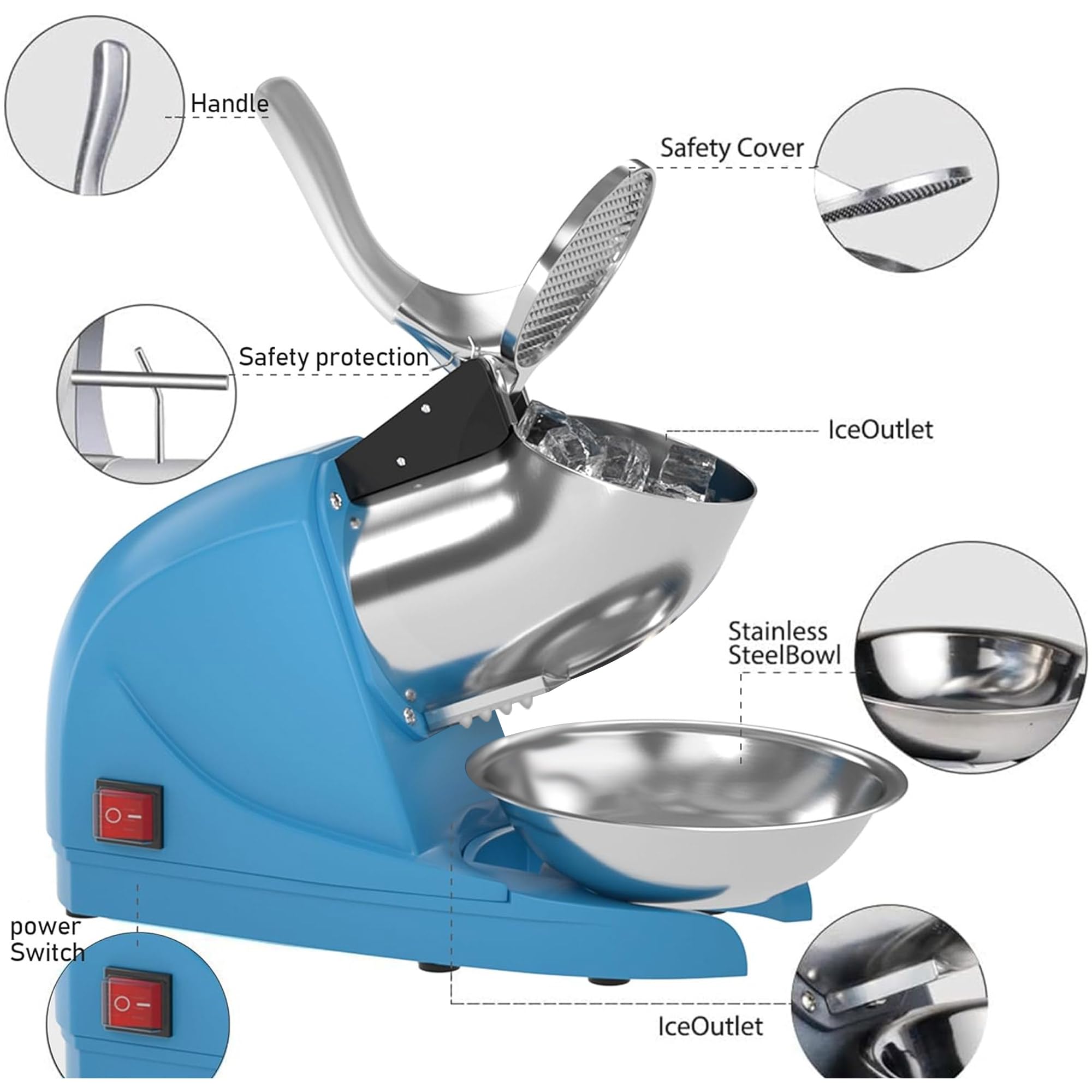 Electric Shaved Ice Machine - 380W 3-Blade Snow Cone Maker, 286 lb/hr High-Capacity Ice Crusher for Commercial & Home Use (Blue) - Perfect for Parties, Cafes, and Summer Treats