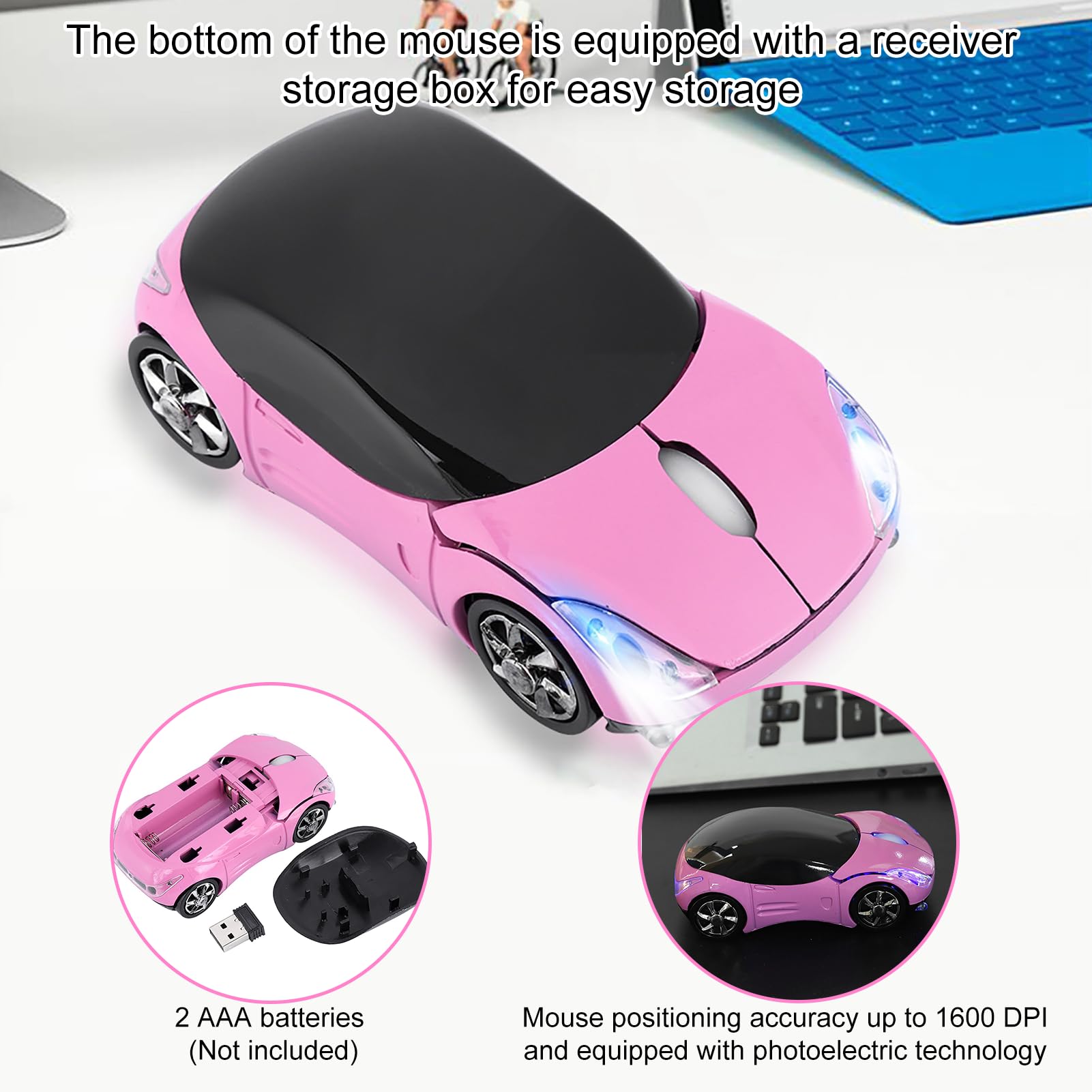 ASHATA 2.4G Wireless Mouse with USB Receiver - 1600DPI Optical Computer Mouse for PC, Laptop, Tablet - Compatible with Windows XP/7/ME/2000 & Mac OS - Cute Pink Mouse for Office, Gaming & Home Use