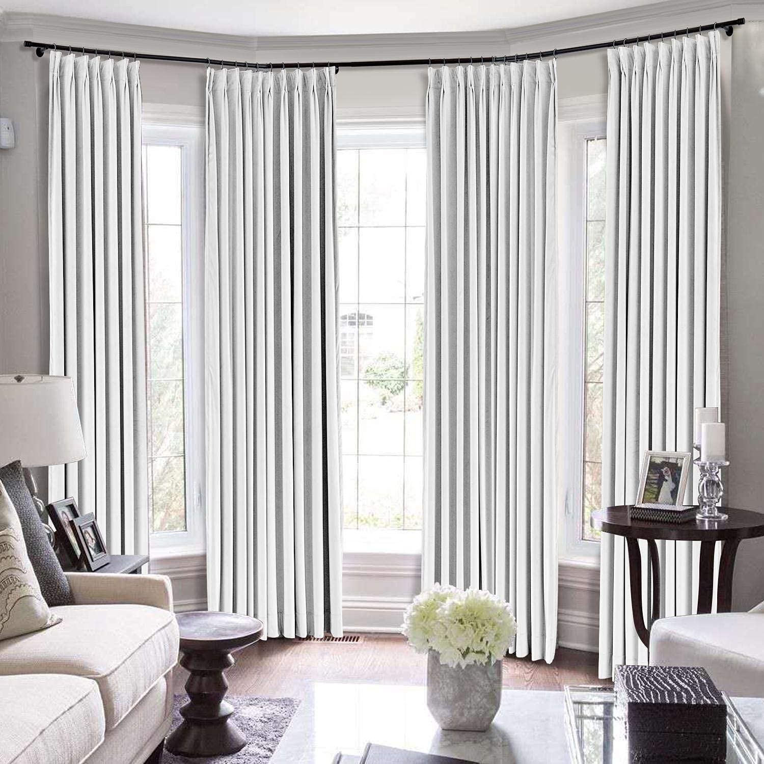 100% Polyester Blackout Twill Pinch Pleat Curtains - Solid Thermal Insulated Drapes for Small Windows & Doors with Ring Top (Pure White, 26