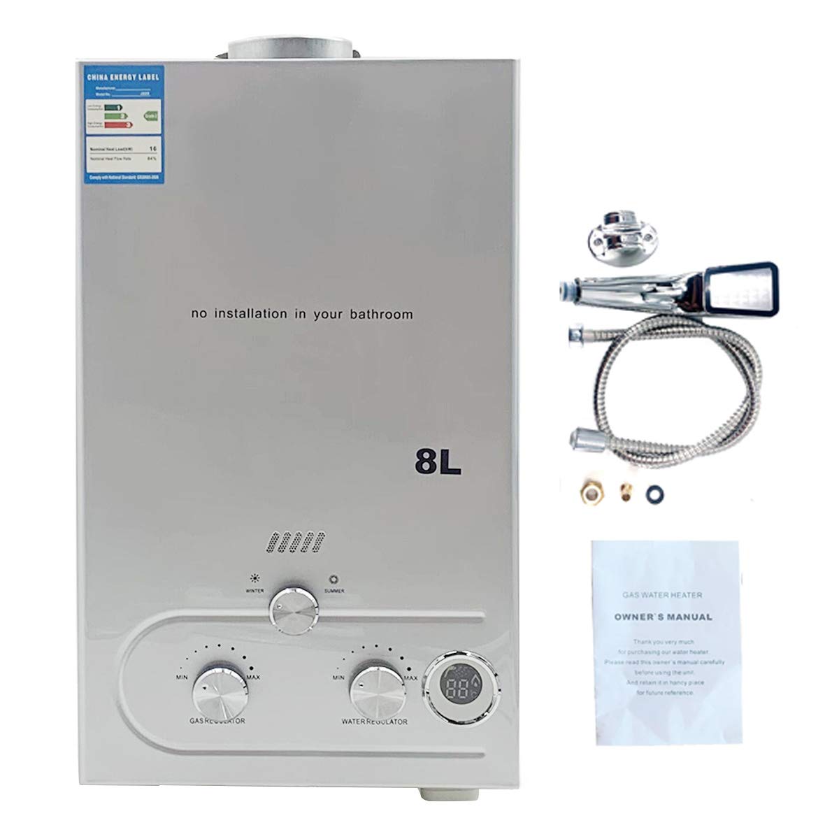 Portable 8L 16KW Propane Gas Tankless Water Heater for Camping & Outdoor Showers - Instant Hot Water On Demand - Perfect for RV, Hiking, Beach & Off-Grid Living (Silver)