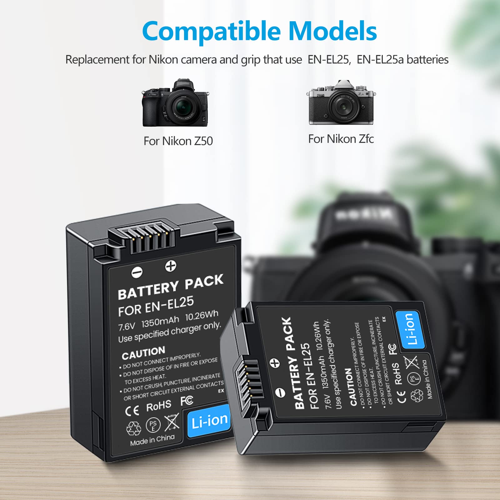 REYTRIC 2-Pack EN-EL25 Replacement Batteries with Dual USB Charger for Nikon Z50, Z fc Digital Cameras - Compatible with EN-EL25/ENEL25a 4241 Battery & MH-32 Charger - Perfect for Travel Photography and Extended Shooting Sessions