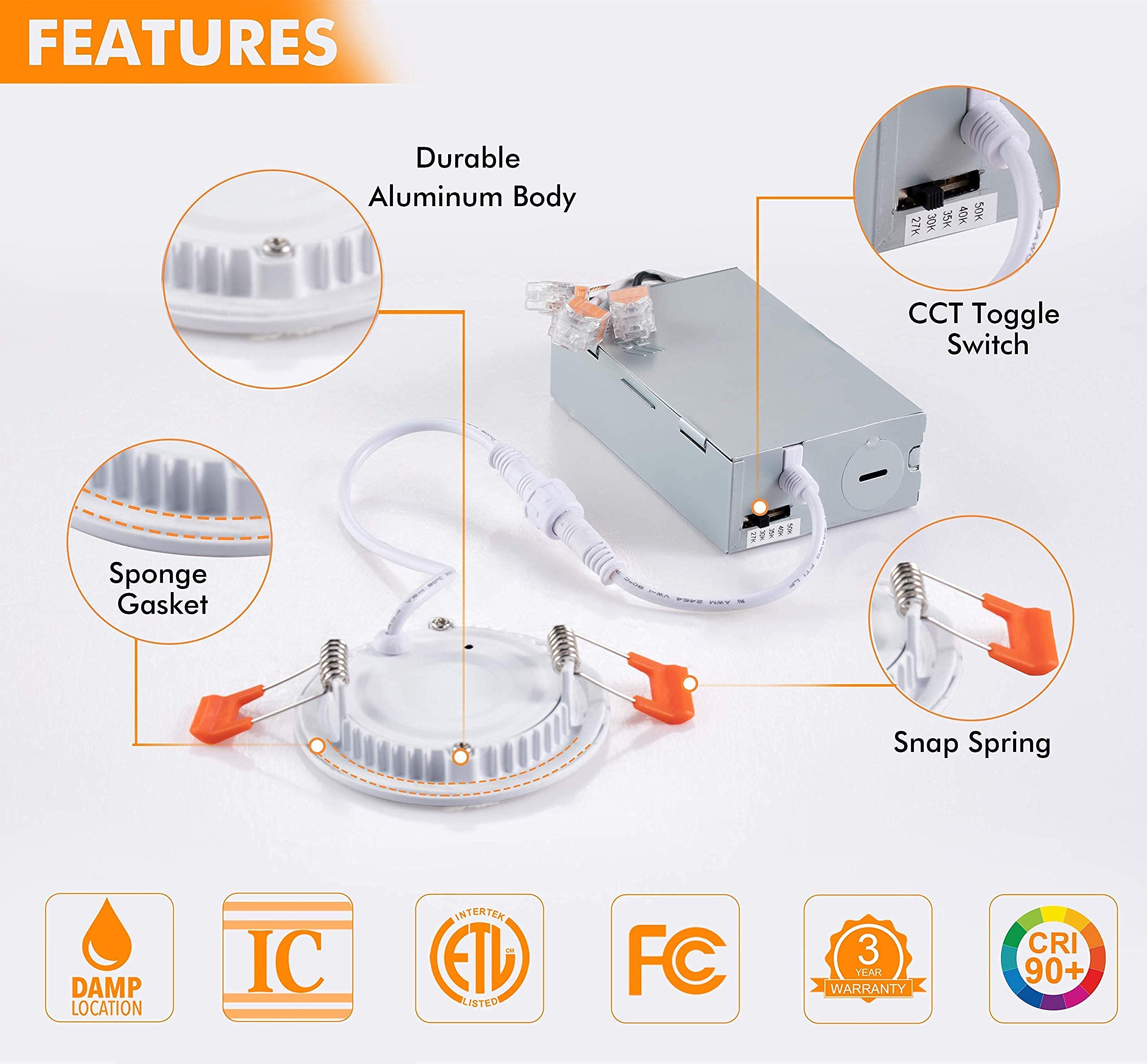 Cloudy Bay 4 Inch & 3 Inch LED Recessed Lighting Kit - 6 Pack Dimmable Downlights with 3 Color Temperature Options (2700K-5000K) for Bedroom, Kitchen & Living Room Ceiling Installation
