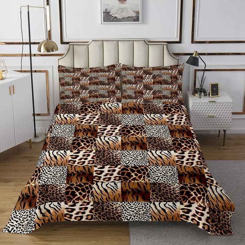 Jejeloiu Leopard Print Quilted Coverlet Set - Cheetah Pattern Bedspread for Kids, Boys & Girls, Safari Theme Plaid Grid Brown King Size with 2 Pillowcases | Perfect for Children's Room Decor, Jungle Themed Bedrooms & Wild Animal Lovers