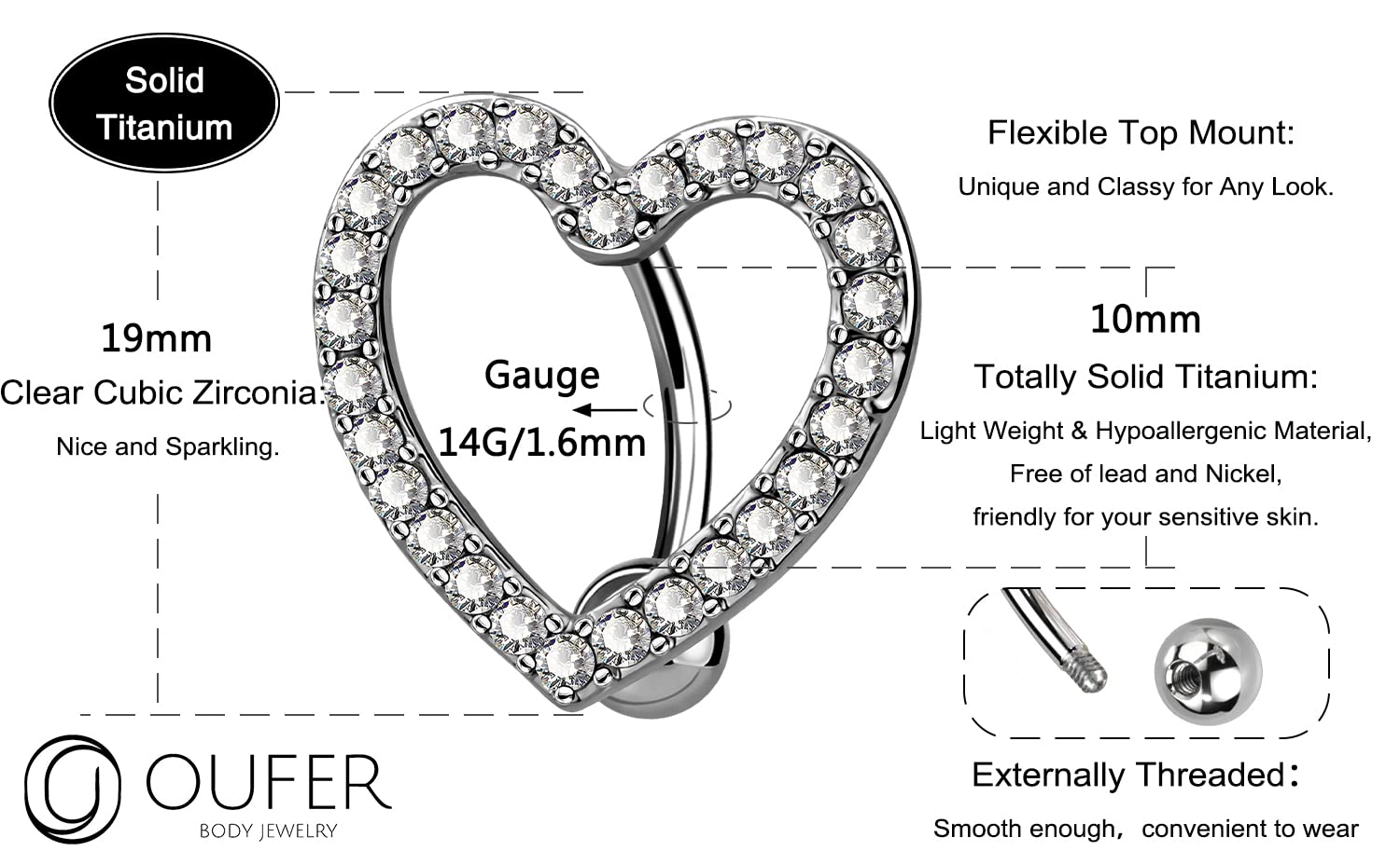 OUFER 14G Titanium Belly Button Rings with CZ Crystals - Heart Shaped Navel Jewelry for Women & Men | Perfect for Piercing & Fashion