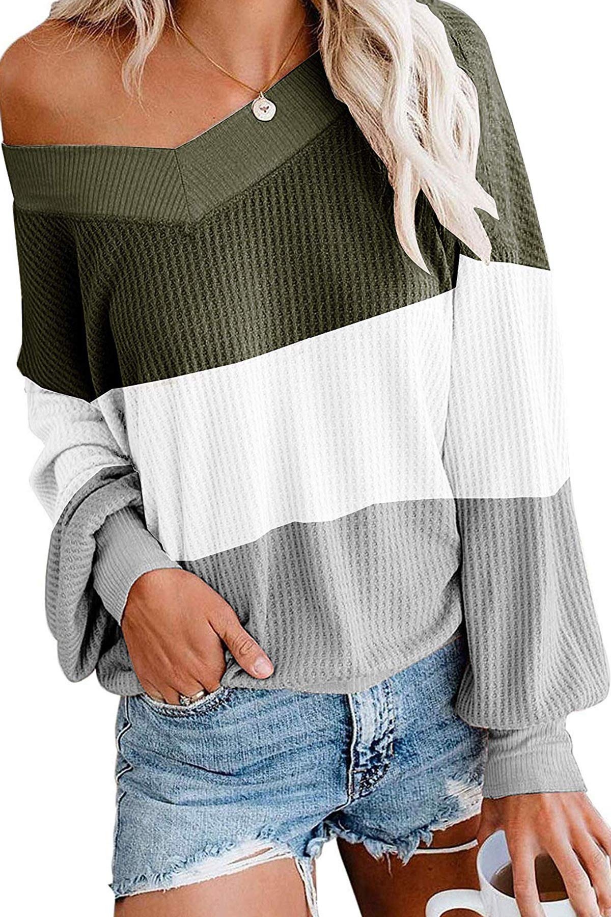 Women's V-Neck Long Sleeve Waffle Knit Sweater - Sexy Casual Blouse Tops for Women, Perfect for Office Wear, Date Night & Fall Layering