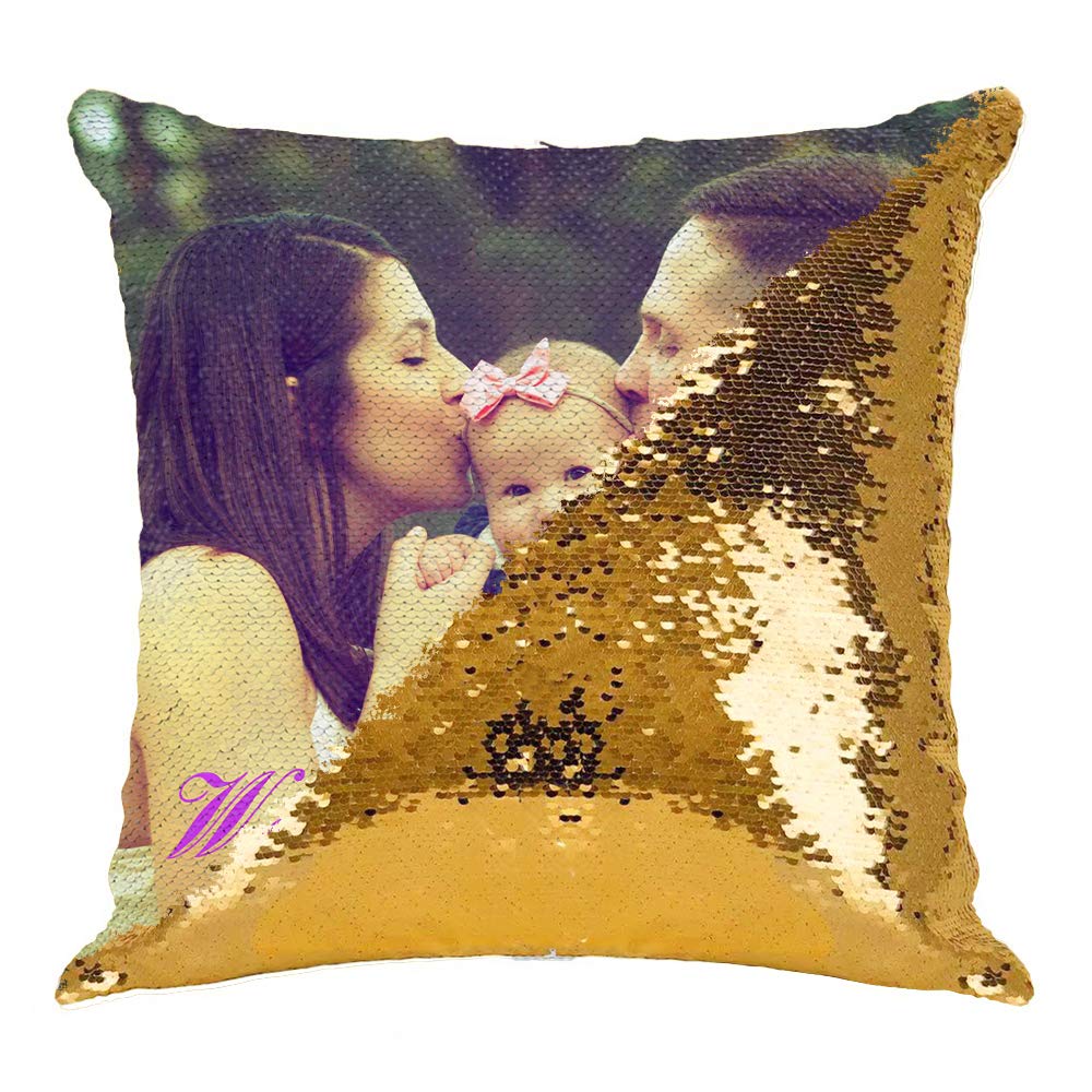 Personalized Sequin Pillow Cover with Insert - Custom Family Photo Magic Pillowcase, Handmade Fashion Cushion Cover (Gold) - Perfect for Home Decor, Gifts, and Bedroom Accents