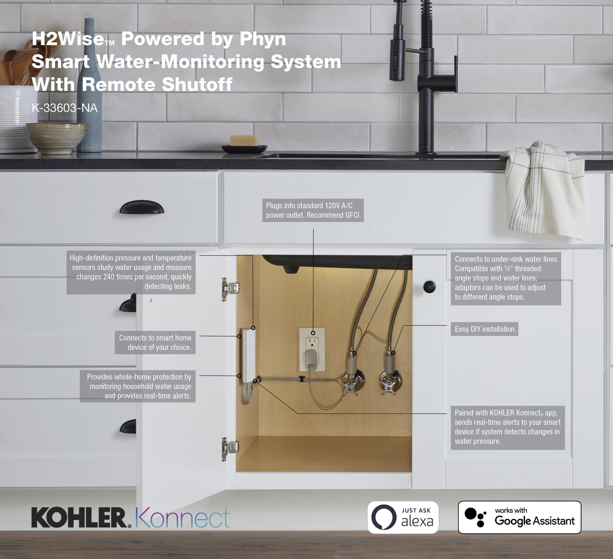 KOHLER H2Wise Smart Home Water Monitor - Real-Time Water Usage Tracker & Leak Detector for Smart Homes | Perfect for Bathroom, Kitchen & Laundry Room Water Conservation