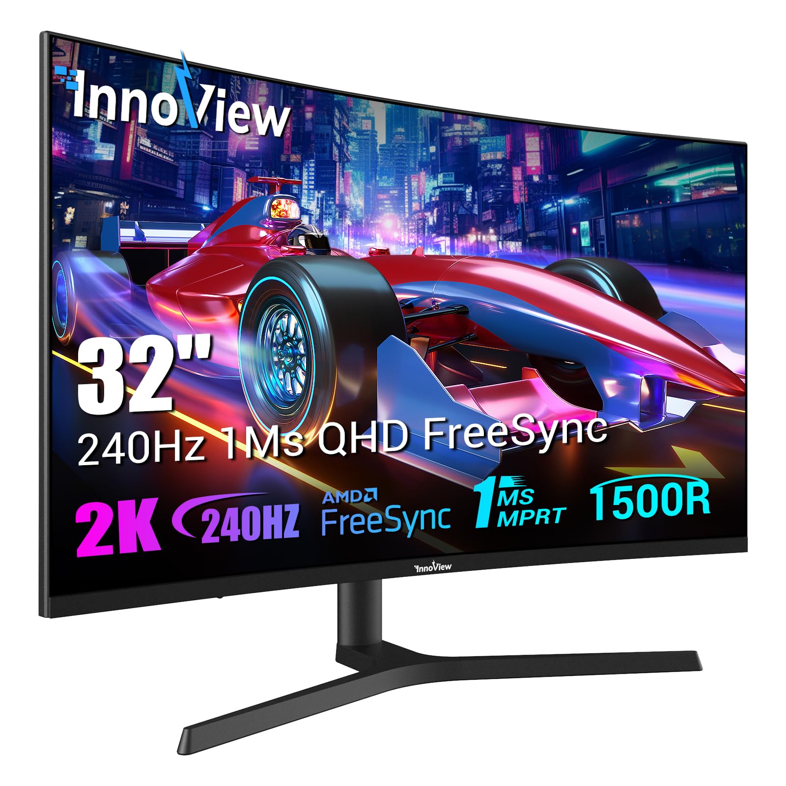 InnoView 32 Inch QHD 2K 240Hz 1ms Curved Gaming Monitor with Height Adjustable Stand, 99% sRGB, FreeSync, HDR10, Eye Care Technology, Built-in 3W x 2 Speakers - Perfect for PC Gaming, Esports, and Professional Workstations (DP/HDMI Ports)