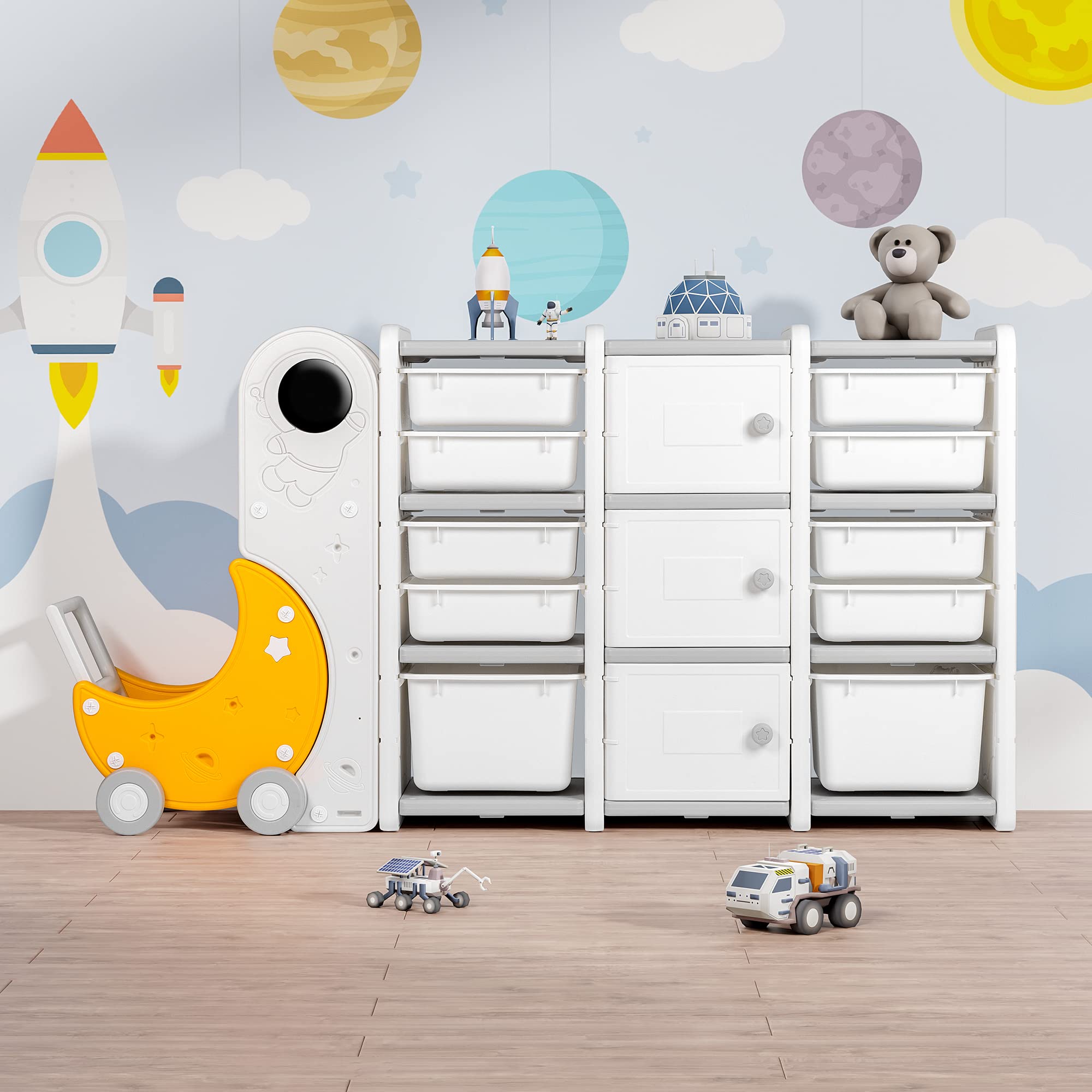 Duke Baby Kids 3-Layer Toy Storage Organizer with 10 Bins, 3 Cabinets with Doors & Bookshelves - Toy Cart for Playroom & Bedroom Organization (Ages 1-12) - Perfect for Kids' Room, Nursery, and Daycare Storage Solutions