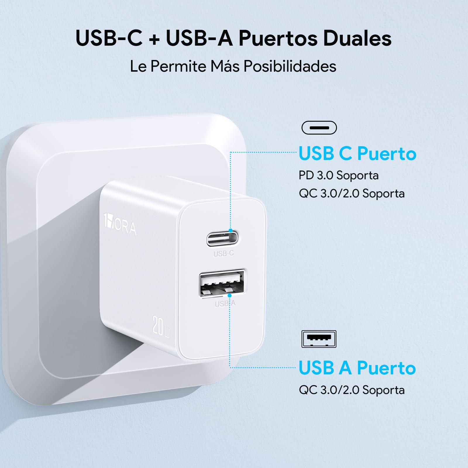 20W USB C Fast Charger 2-in-1 Dual Port Wall Charger - USB A & C Power Adapter for iPhone 15/15 Pro/15 Pro Max, iPad Pro, AirPods - Compact & Fast Charging (Cable Not Included) - Perfect for Travel, Home & Office Use