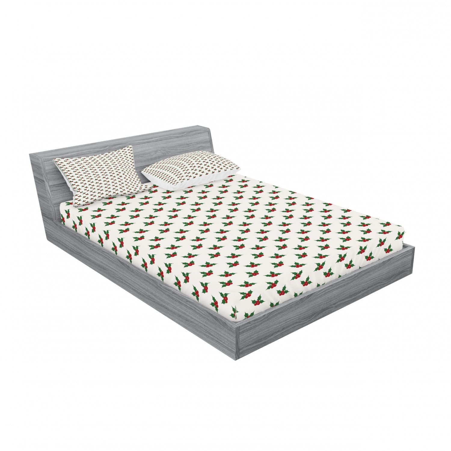 Ambesonne Christmas 2-Pack Queen Size Fitted Sheet & Pillow Sham Set - Holly Berries Red Green White Holiday Bedding (4-Piece Set) for Festive Bedroom Decor & Cozy Winter Nights
