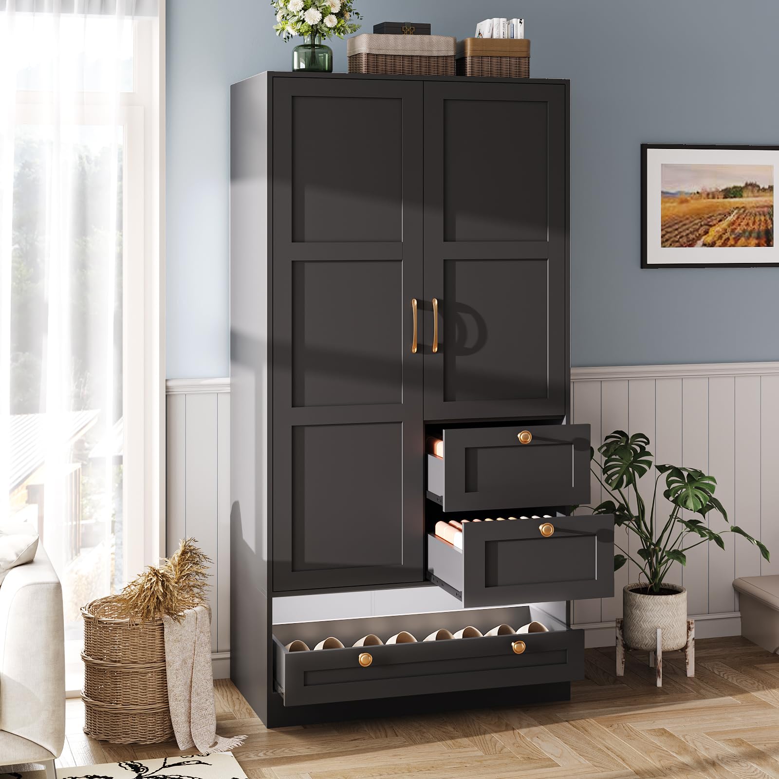 Maupvit 2-Door Armoire Wardrobe Closet with Drawers & LED Lights - Large Capacity Freestanding Storage Cabinet with Hanging Rod - Bedroom Clothes Organizer for Laundry Room & Walk-In Closets - Black