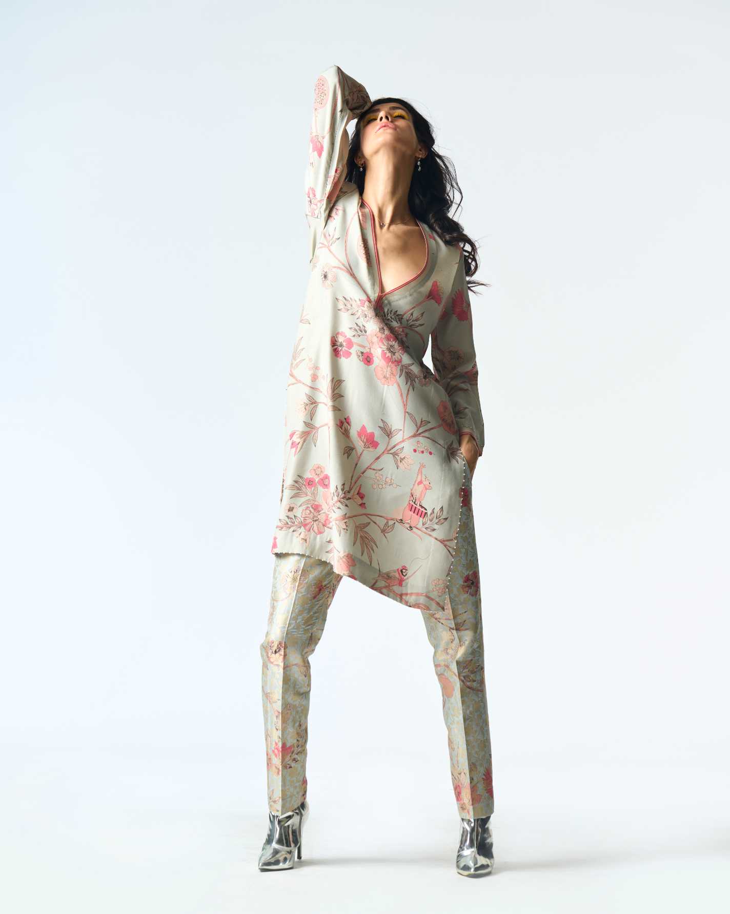 Elegant V Neck Kurta for Women - Premium Muga Satin Fabric in Ice Blue - Perfect for Festivals, Weddings & Special Occasions