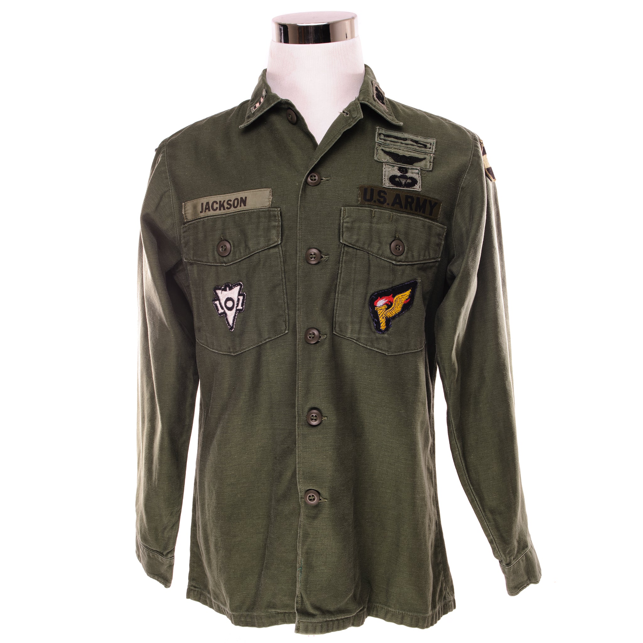 Vintage US Army Sateen Utility Shirt P64 - Vietnam War Era Military Uniform (Size 15.5x33) with Original Patches - Military Collectible & Reenactment Costume for History Buffs