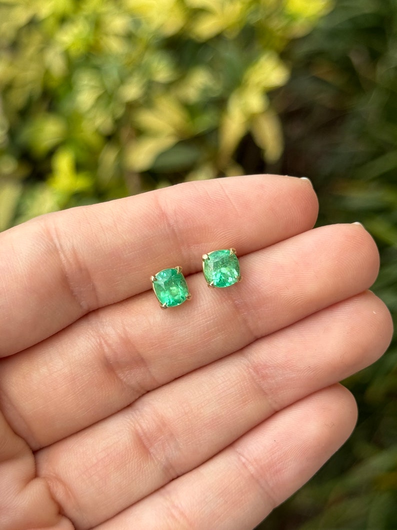 2.41tcw 14K Gold Vivid Green Emerald Cushion Cut Stud Earrings for Women - Luxury Birthstone Jewelry Gift for Mother's Day, Anniversary & Special Occasions