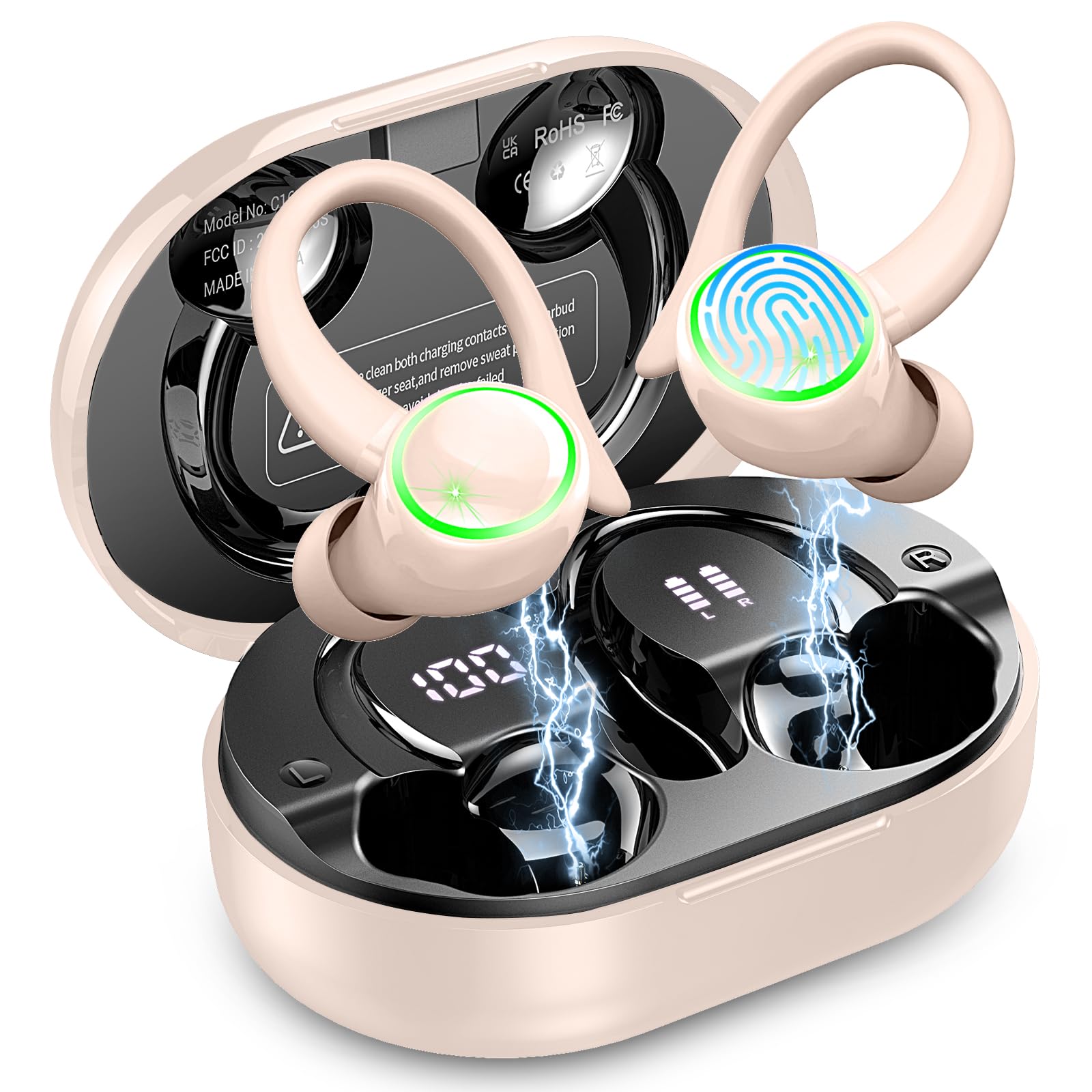 Wireless Bluetooth Earbuds for Sports with 50H Playback, ENC Noise Cancelling Mic & HiFi Stereo - IP7 Waterproof Over-Ear Headphones with Earhooks for Running, Workout, Gym, Travel & Daily Commute