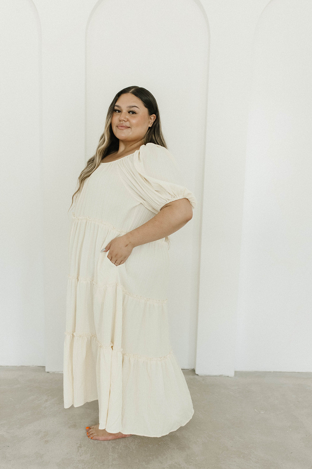 Eva Puffed Sleeve Maxi Dress in Cream - Bump Friendly Maternity Dress with Inclusive Sizing (S-3XL) | Perfect for Weddings, Baby Showers & Summer Vacations