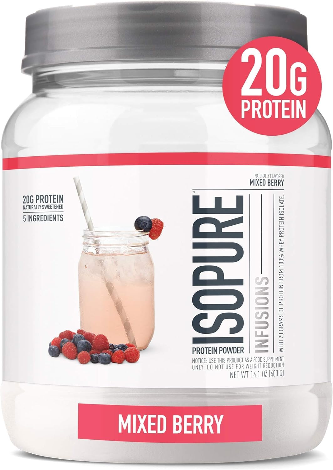 Isopure Clear Whey Isolate Protein Powder - Lactose Free, Gluten Free, Naturally Flavored Mixed Berry - 20g Protein Per Serving (14.1 Oz, 16 Servings) | Post-Workout Recovery & Healthy Lifestyle Supplement
