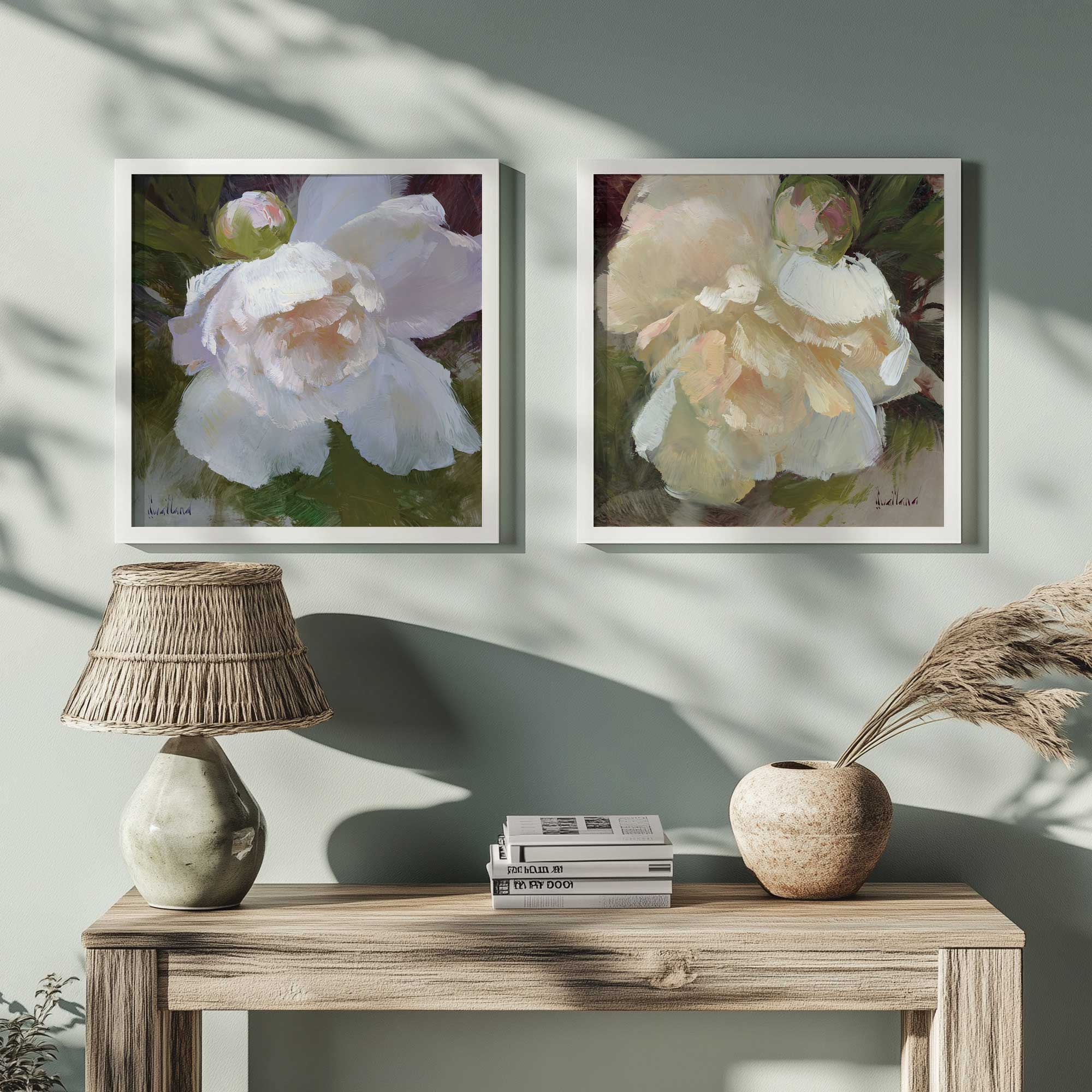 Elegant White Peony Flower Art Prints - Set of 2, Framed Wall Decor for Living Room, Bedroom & Office - Perfect for Home Decor & Wedding Gifts