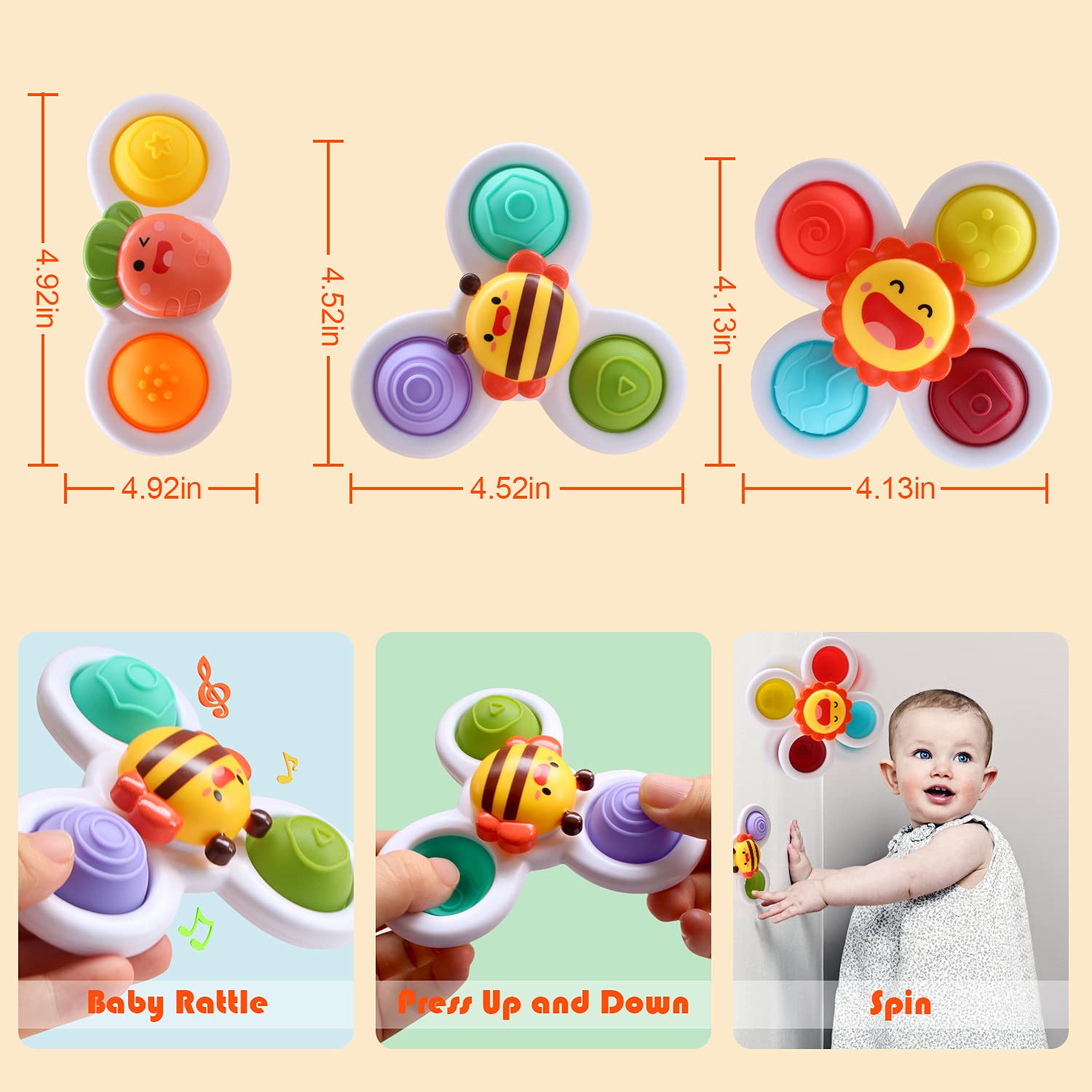 Baby Suction Cup Spinner Toy - 3pc Fidget Sensory Toy for Toddlers 1-3, Bath & Birthday Gift for Boys Girls