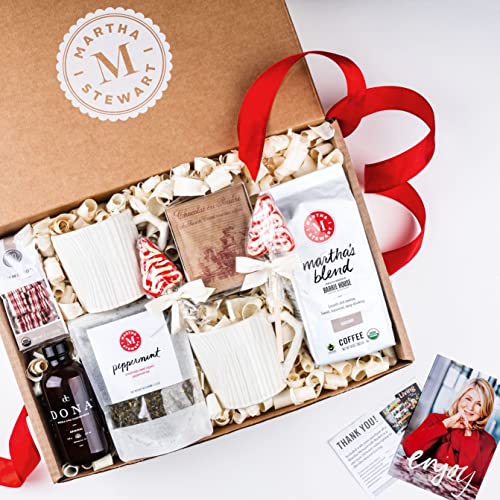 Martha's Holiday Cozy Beverage Gift Box Set - Premium Coffee, Tea, Hot Chocolate Powder, Chai, Christmas Tree Peppermint Lollipops, Mini Red Ribbon Candies & 2 Coffee Mugs | Perfect Christmas Gift, Office Party Favors & Winter Warm Drink Collection