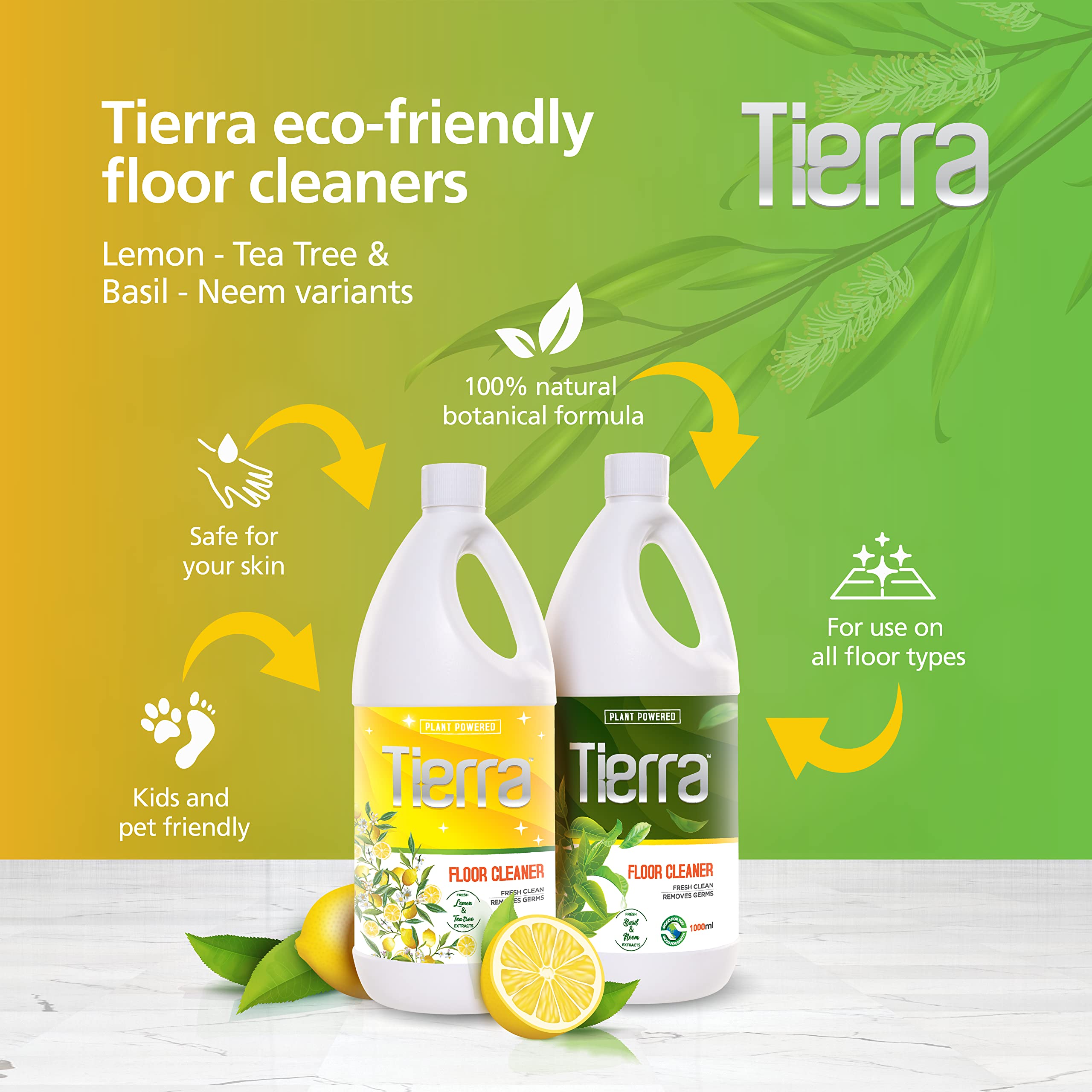 Tierra Floor Cleaner Liquid - 1 Liter | Natural Basil & Neem Extract | Kills Germs & Removes Stains | Safe for Skin, Babies & Pets | Non-Toxic | Ideal for Hardwood, Tile & Laminate Floors