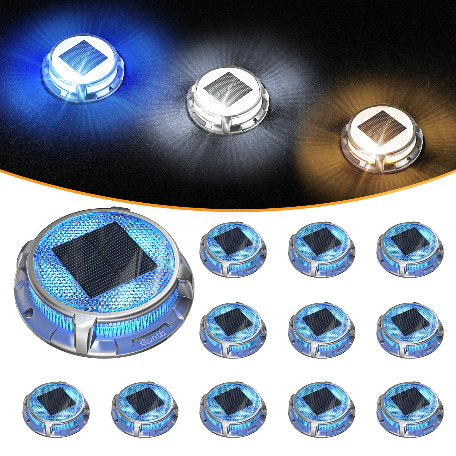 Quntis 12 Pack Solar Deck Lights Outdoor - IP68 Waterproof, 3 Color Modes (Blue/Cool White/Warm White) Solar Driveway Lights for Stairs, Pathway, Pool, Walkway, Garden & Landscape Lighting