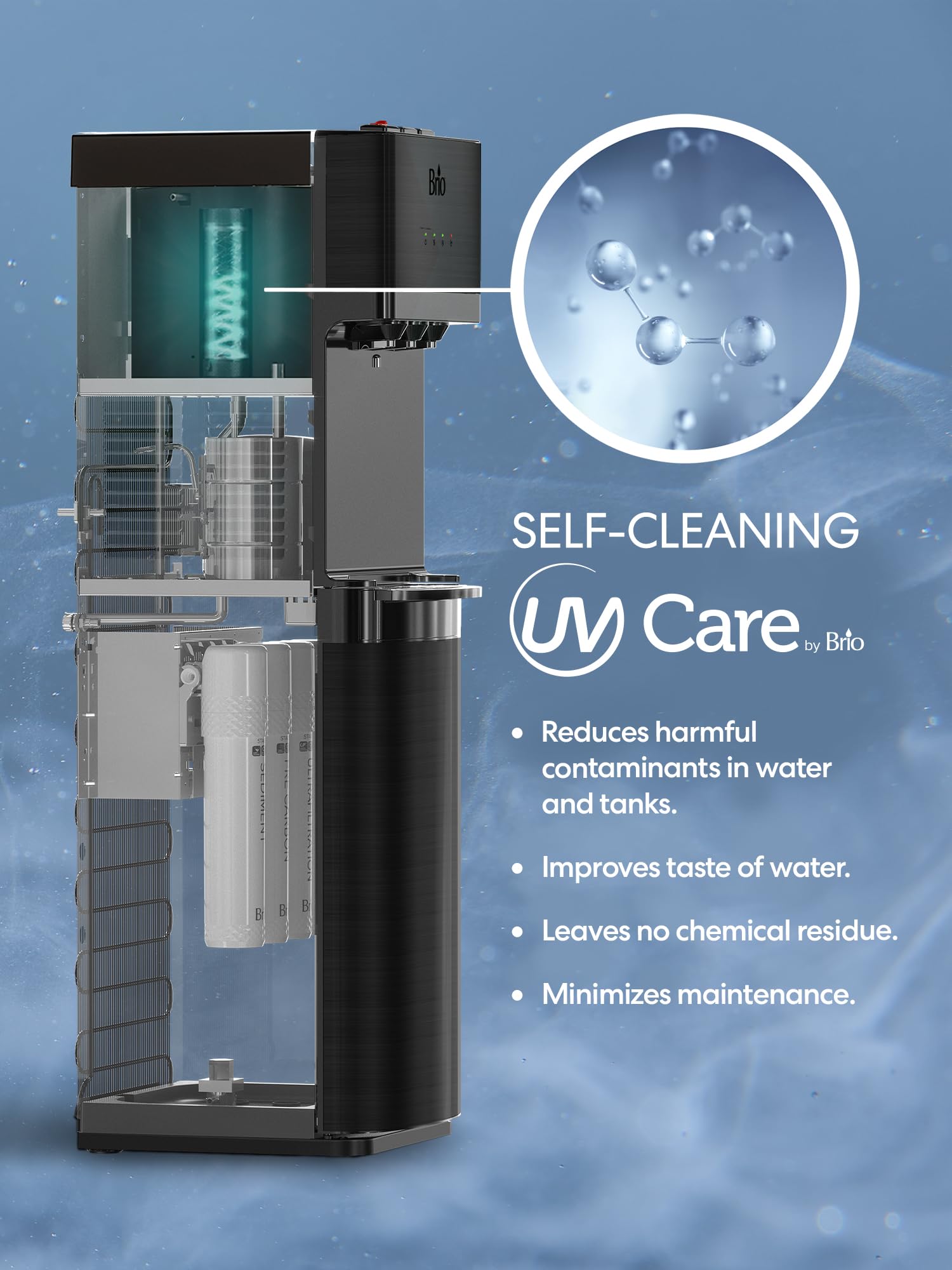 Brio 4-Stage Bottleless Water Cooler - Tri-Temp, UV Self-Cleaning, Child Lock for Home & Office