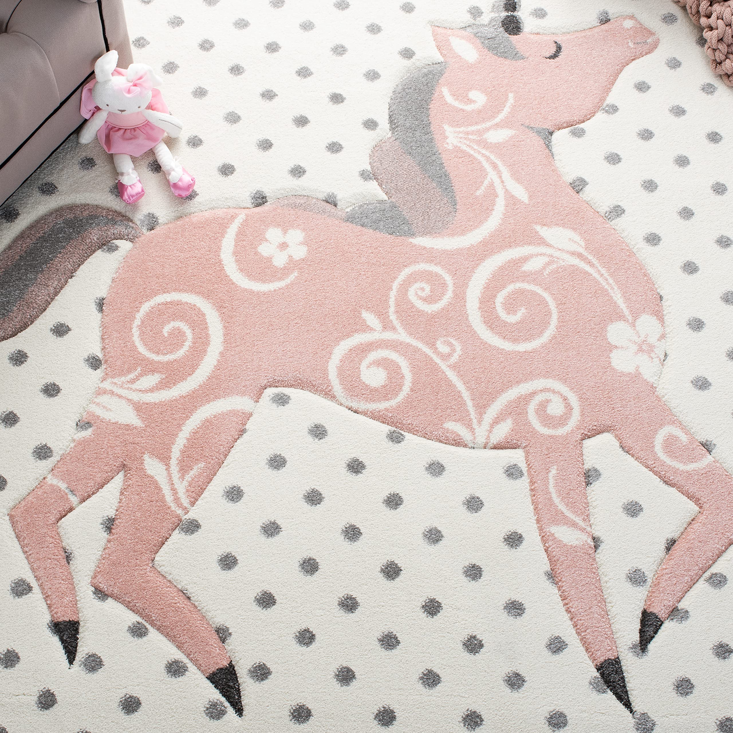 SAFAVIEH Carousel Kids Collection 8' x 10' Area Rug - Ivory Grey & Pink Non-Shedding Easy Care Rug for Playroom, Nursery, Bedroom | Durable High Traffic Rug for Boys & Girls | Perfect for Kids Room Decor, Play Areas & Toddler Safety