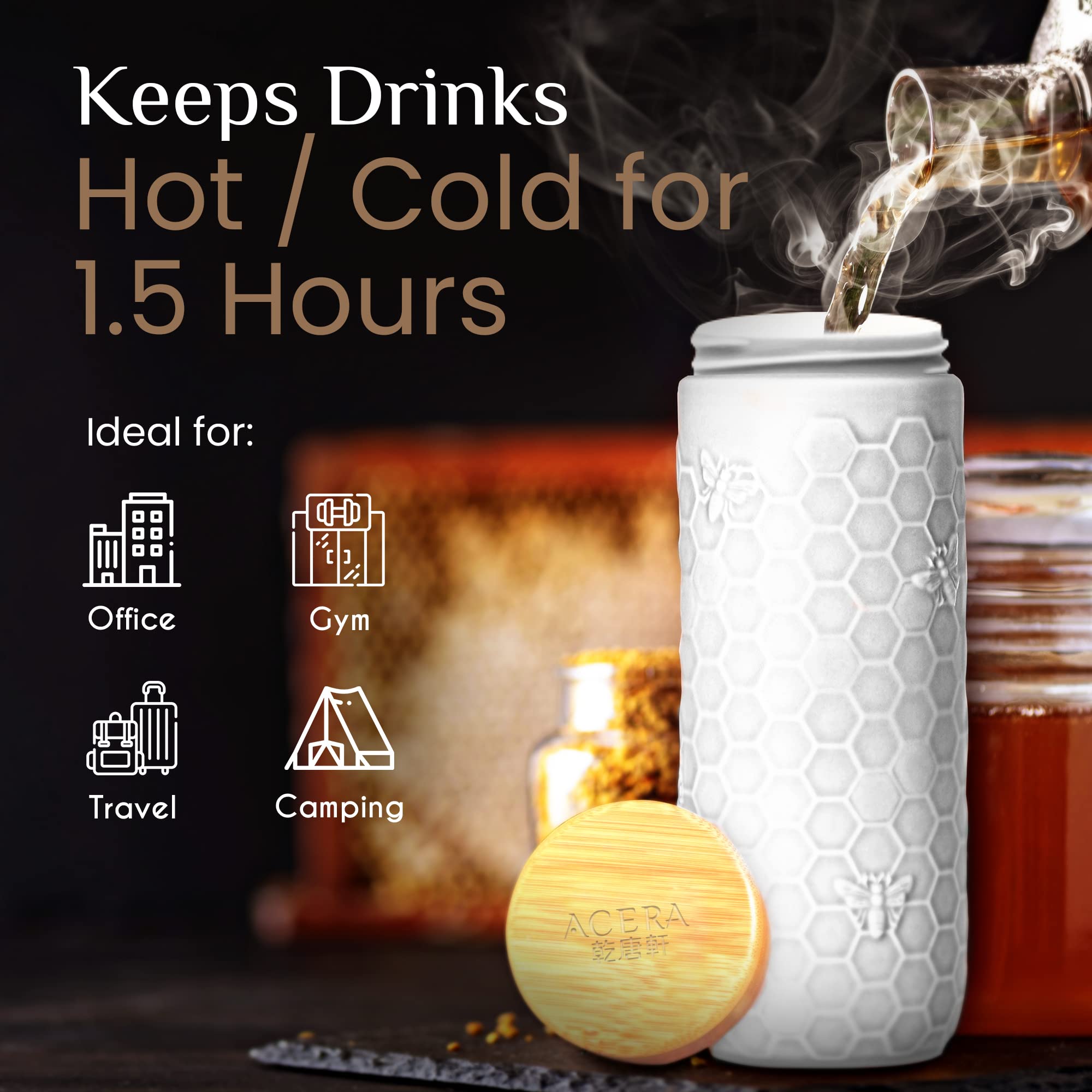 ACERA LIVEN - 16 oz Honey Bee Double Wall Insulated Ceramic Travel Mug with Splash-Resistant Lid, Reusable Coffee Cup for Hot & Cold Drinks - Perfect for Commuting, Office, Car Cup Holder & Outdoor Activities, White