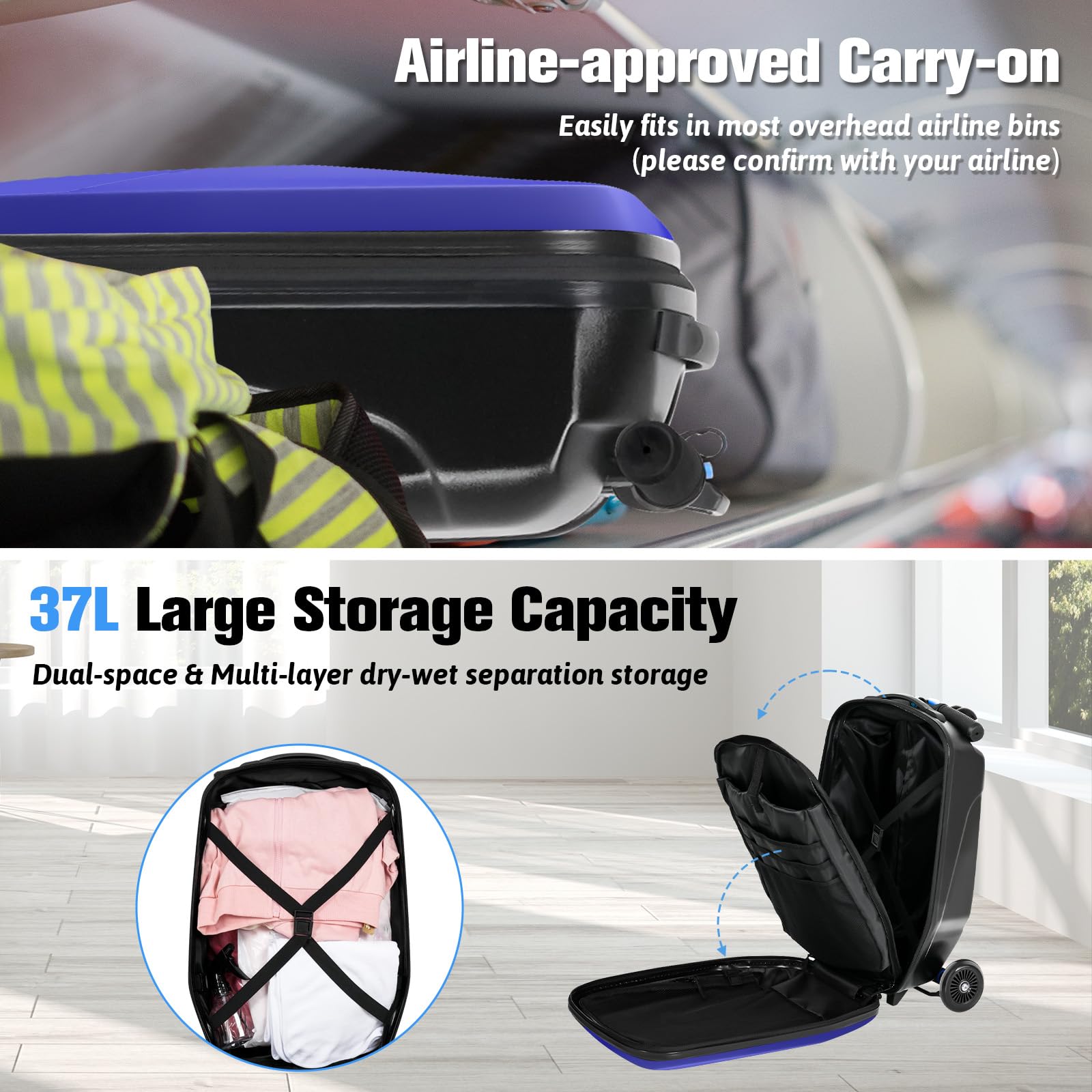 Best Ride-On Scooter Luggage for Kids & Adults - Lightweight Foldable Hardside Suitcase with Wheels for Ages 4-15 - Multifunctional Carry-On for Children & Teenagers (Sapphire Blue) - Perfect for Air Travel, Family Vacations & School Trips
