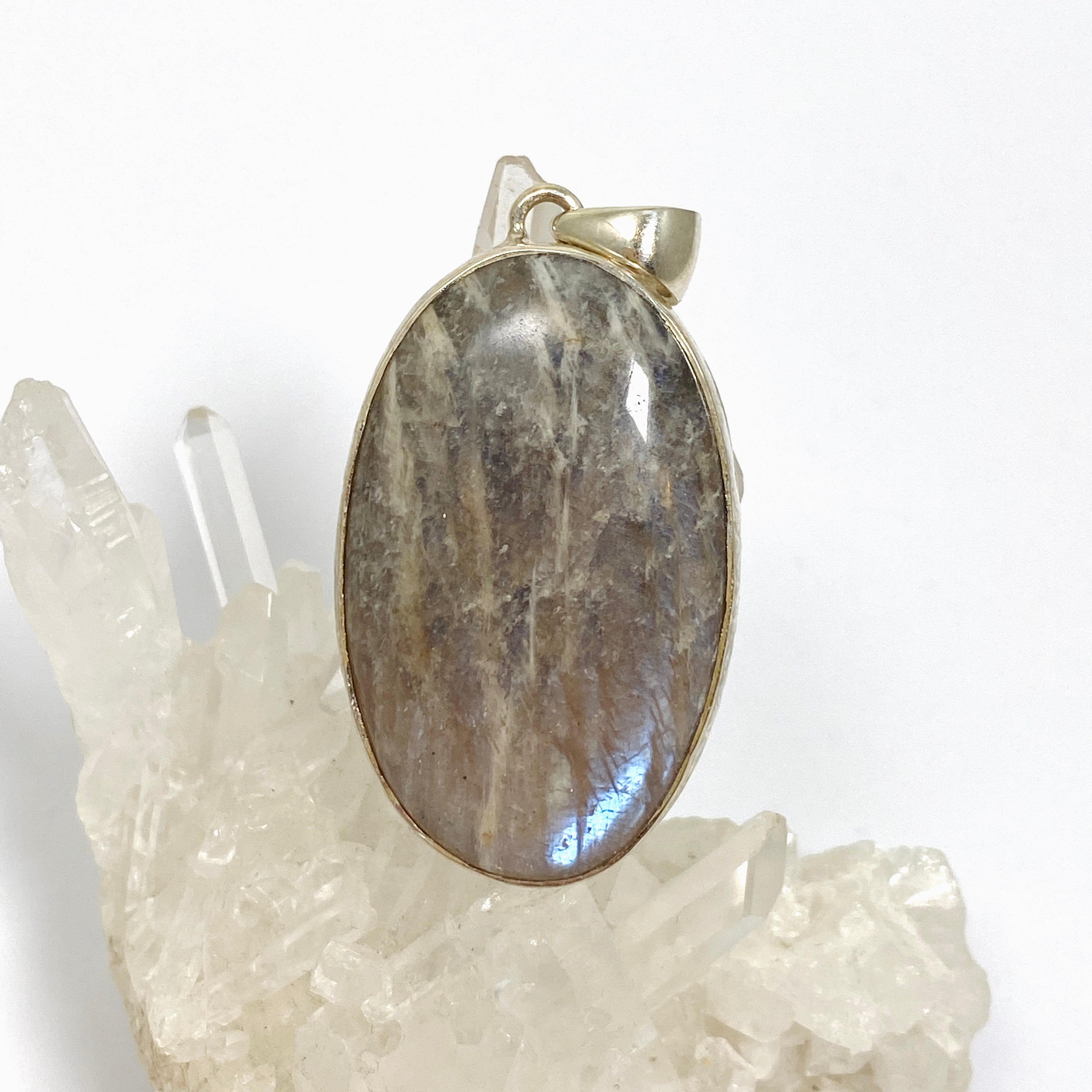 Belomorite (Sunstone with Moonstone Eclipse) Oval Cabochon Pendant in Hammered Silver Setting KPGJ4698 | Unique Healing Crystal Jewelry for Meditation, Energy Work & Spiritual Gifts