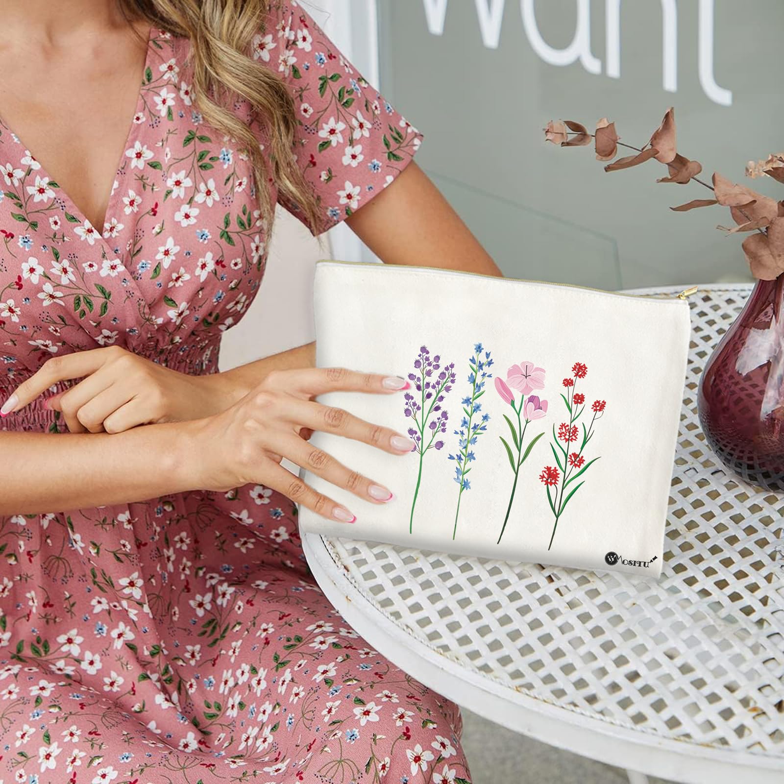 Floral Makeup Bag for Women - Aesthetic Flower Canvas Cosmetic Pouch with Zipper | Small Travel Toiletry Organizer | Perfect Gift for Her, Wildflowers Design | Great for Daily Use, Travel, and Makeup Storage