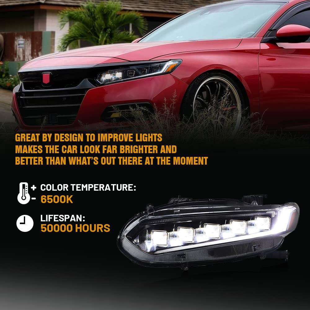2018-2022 Honda Accord LED Headlights Assembly - 5 Lens Matrix Projector with Halo DRL & Sequential Turn Signals - Bugatti Style Replacement Headlamps (1 Pair) - Perfect for Night Driving & Car Customization