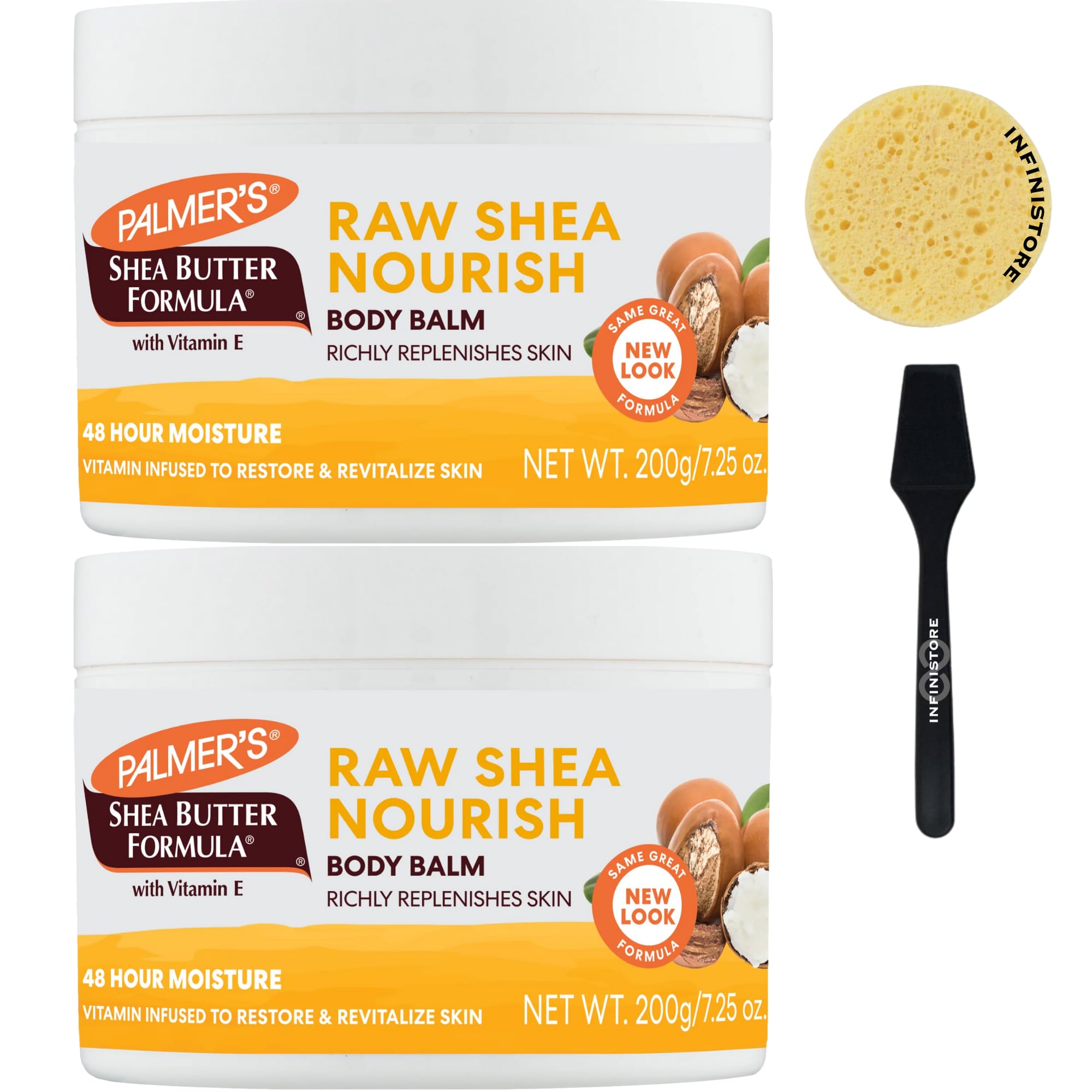 Palmers® Raw Shea Butter Body Balm 2-Pack (7.25oz Each) with Vitamin E - Ultra Moisturizing & Nourishing for Dry Skin - Bonus Exfoliating Sponge & Mini Spatula Included - Perfect for Daily Skincare Routine, Post-Shower Hydration & Travel Essentials