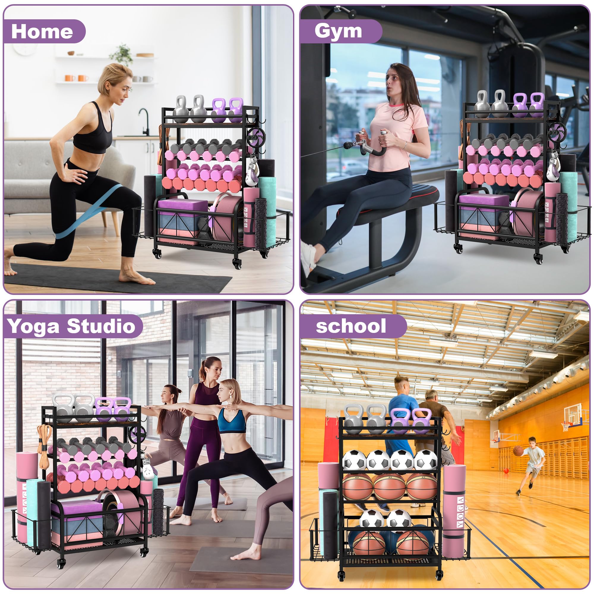 Dumbbell Rack with Wheels & Hooks - Heavy Duty Gym Equipment Storage Organizer for Dumbbells, Kettlebells, Yoga Mats & Foam Rollers - Perfect for Home Gym, Garage & Fitness Studio Organization