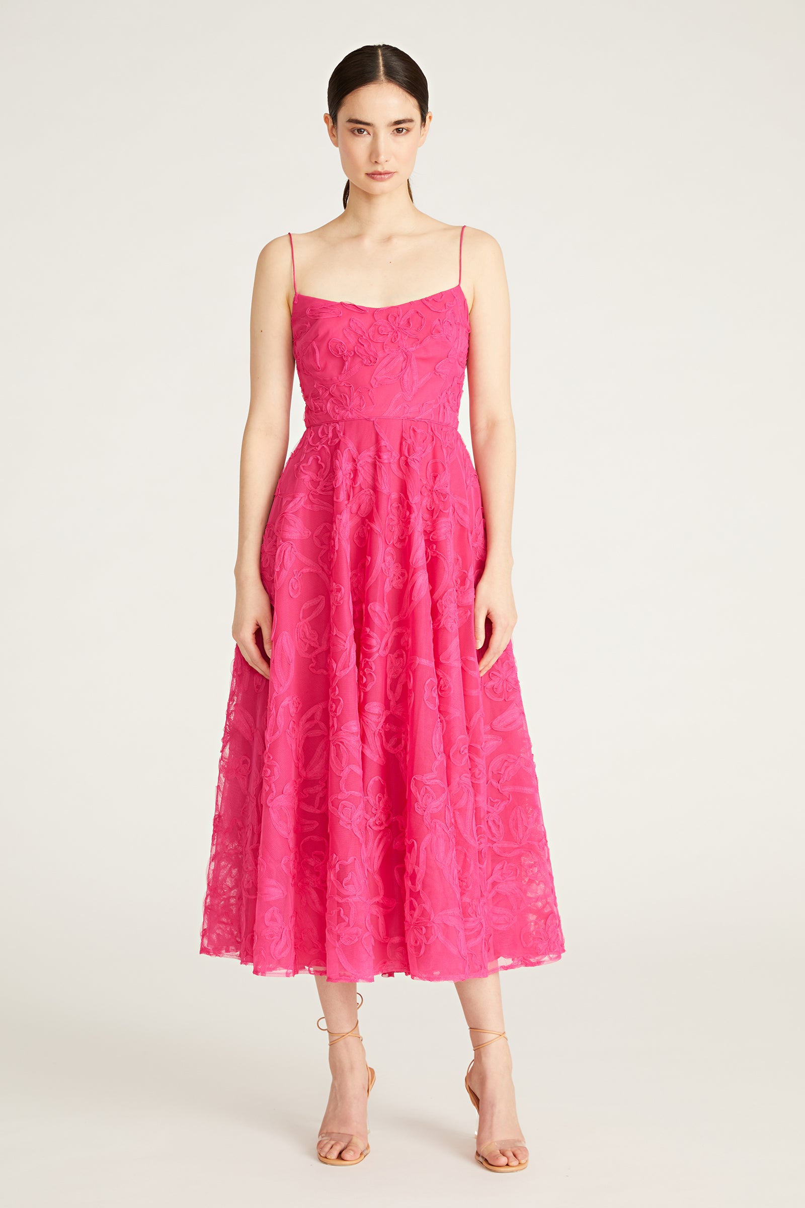 Eve Tulle Midi Dress Fuchsia - Elegant Floral Lace Party Dress for Women, Perfect for Weddings, Prom, Cocktail Parties & Special Occasions