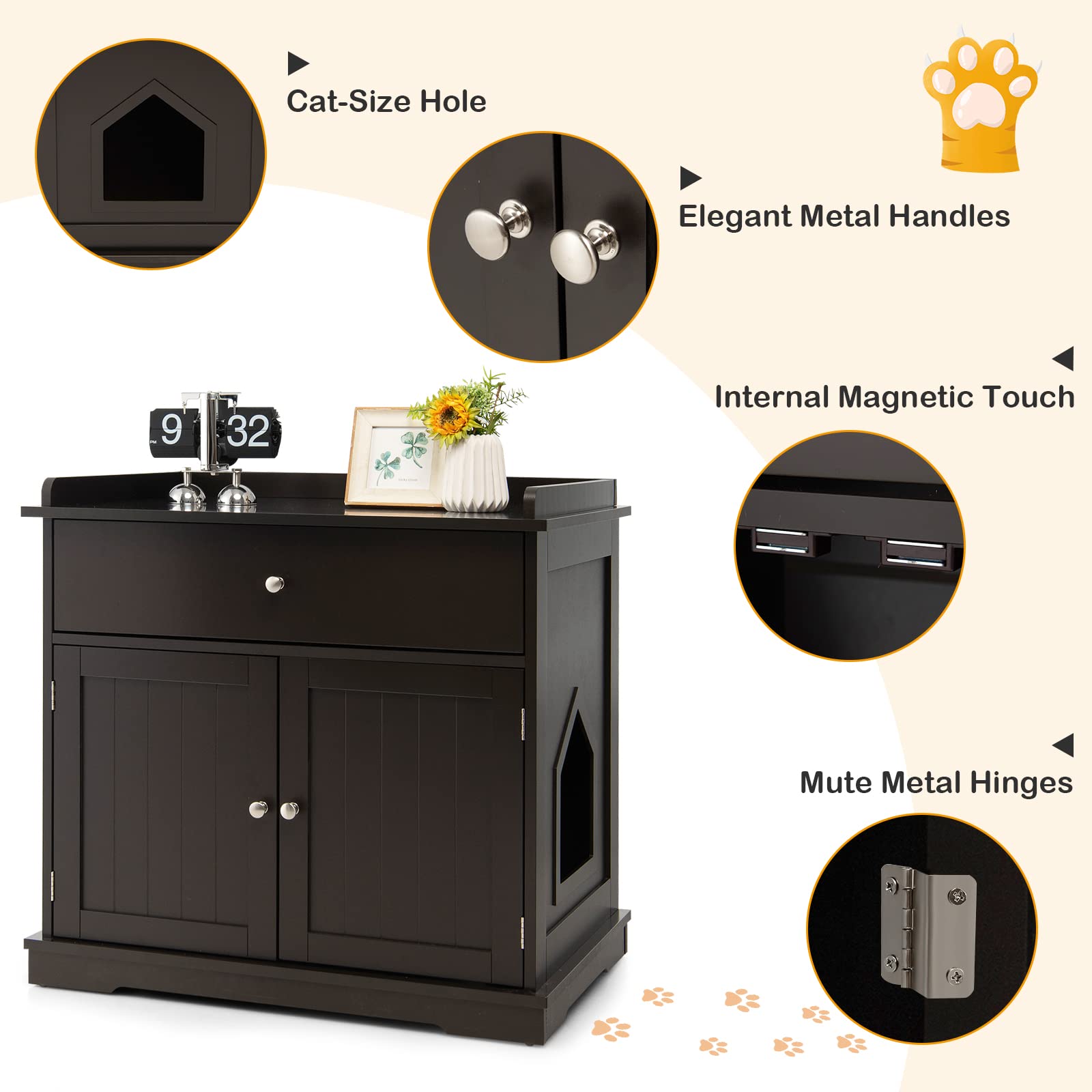 Tangkula Large Wooden Cat Litter Box Enclosure Cabinet with 2 Doors & Storage Drawer - Hidden Indoor Cat Washroom Furniture, Pet House Bench Side Table (Brown) | Perfect for Small Spaces & Stylish Home Decor