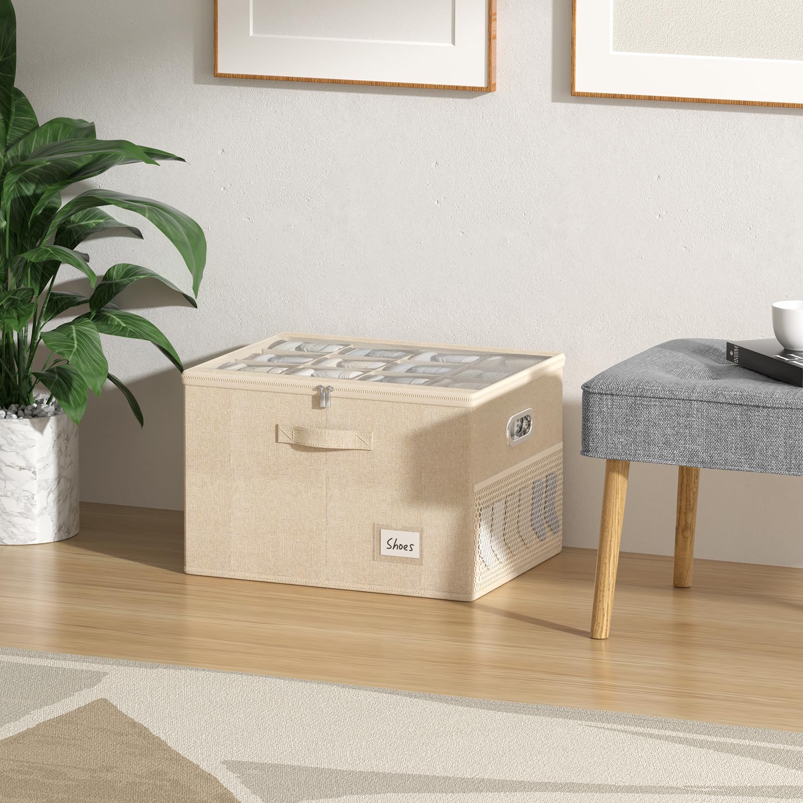 Clear Window Shoe Storage Box Organizer for Closet - Large Space Saving Shoe Bin with Foldable Bottom & Adjustable Dividers (Holds 16 Pairs) - Perfect for Bedroom, Entryway, and Dorm Organization