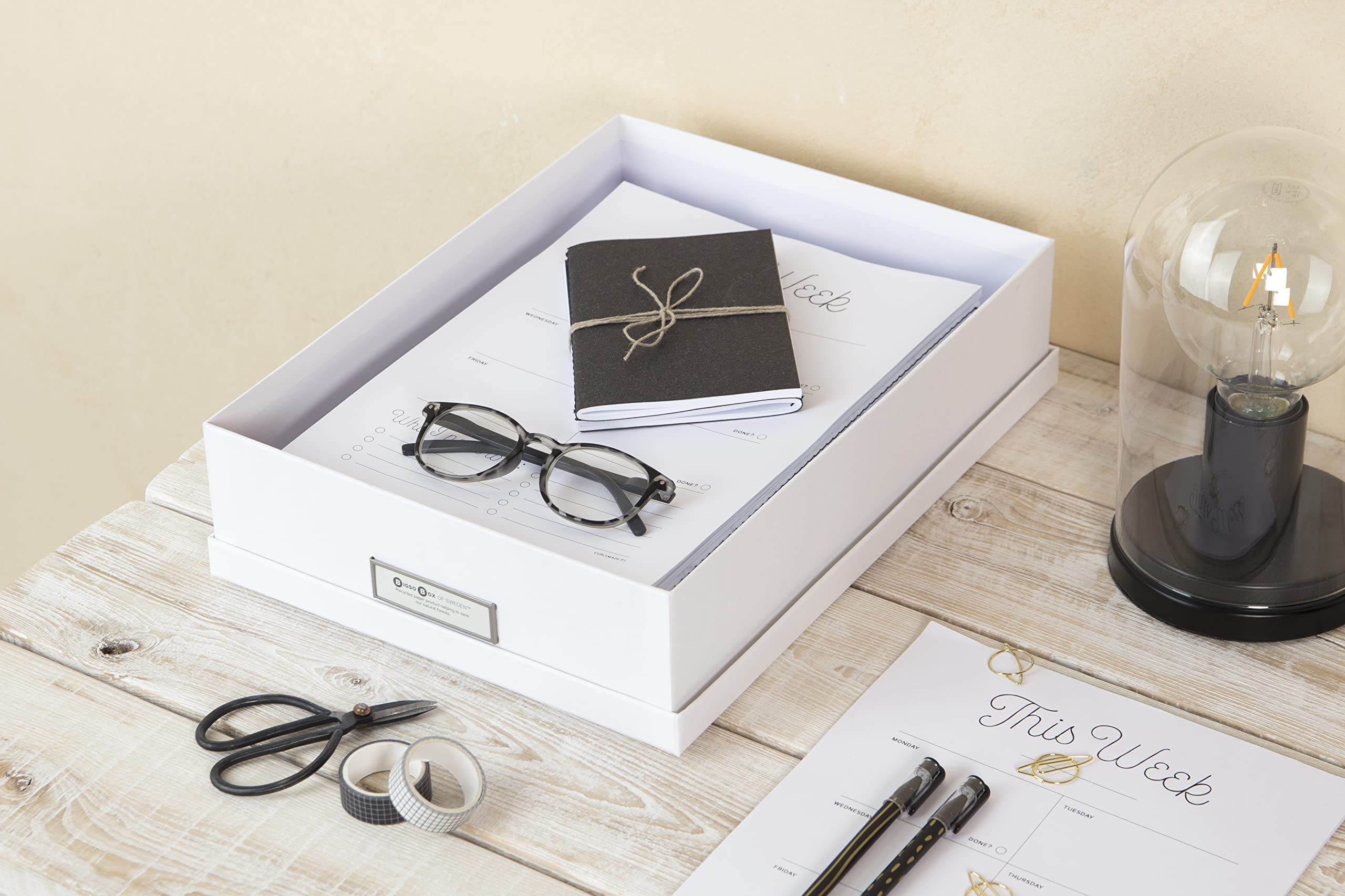 Bigso Sweden A4 Document Storage Box with Lid & Handle - Organize Paper, Brochures, Notes - Durable Fiberboard Office File Organizer for Home & Office Use